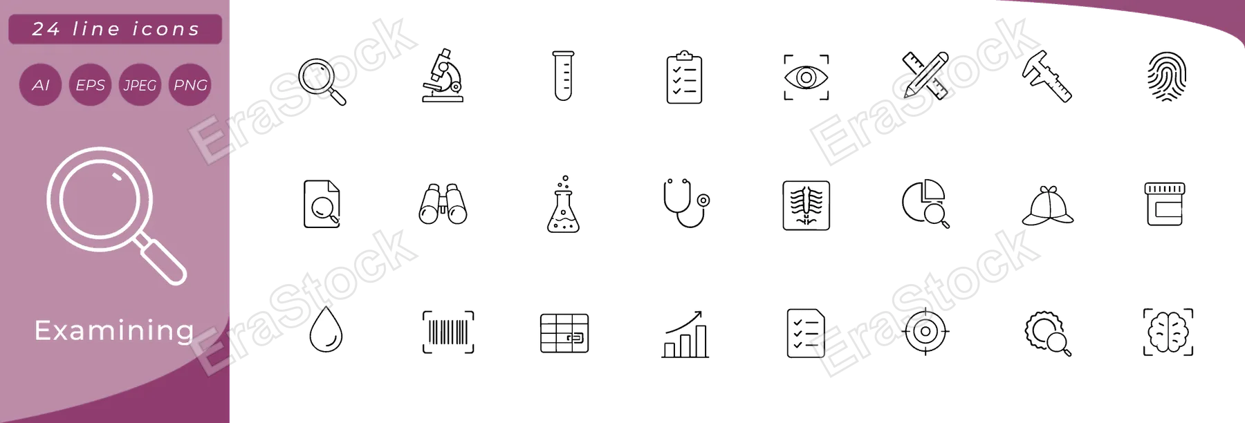 Examining: magnifying glass, microscope, test tube, clipboard with checklist, eye with scan lines, ruler and pencil crossed, caliper tool, fingerprint, document with magnifying glass badge