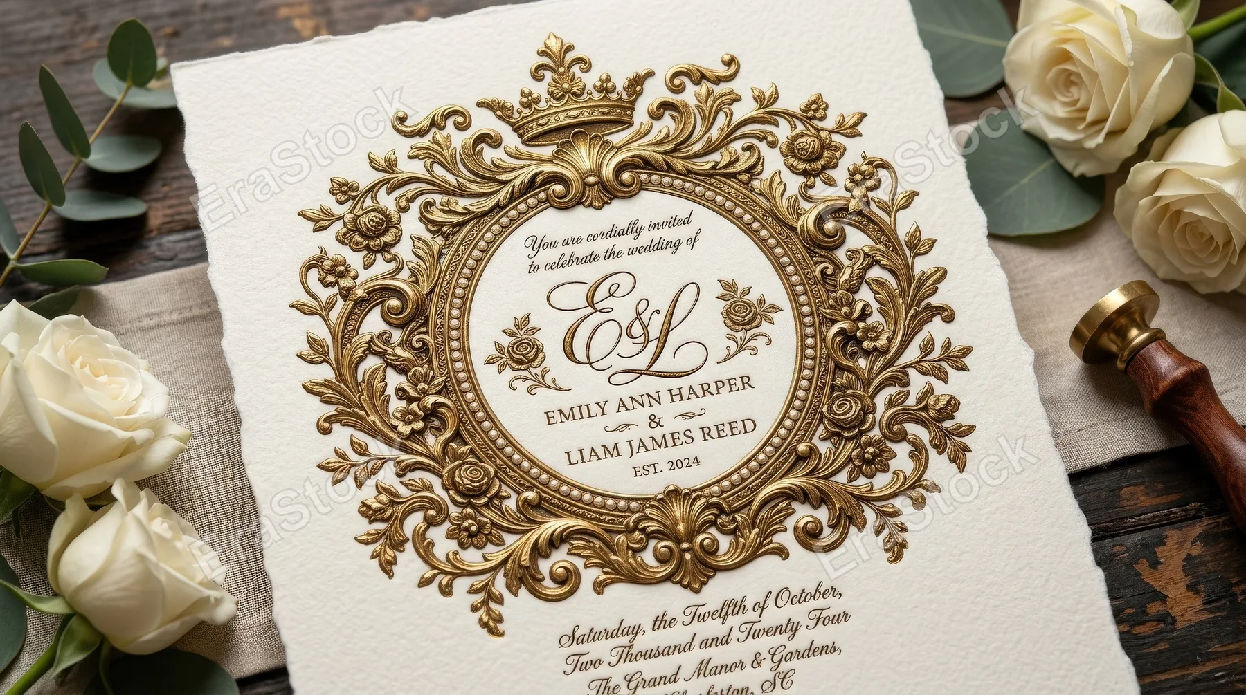 A vintage crest frame with ornate oval monogram border, baroque floral flourishes and decorative wedding-invitation sophistication, ultra-realistic, no logos.