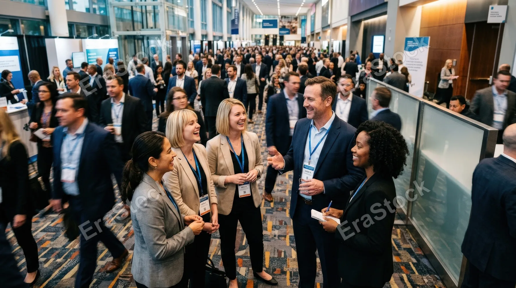 High-angle view of a cheerful businessman speaking with female corporate professionals at a convention center networking event, name badges, modern venue, lively crowd blur, upbeat business energy,