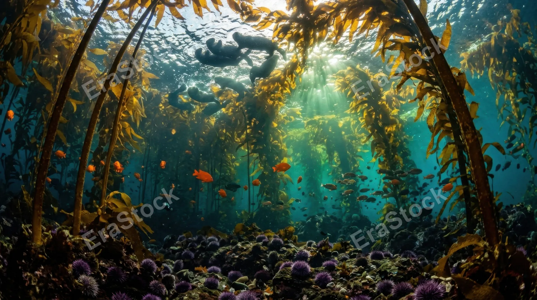 A forest of giant kelp photographed looking straight up from the seafloor, amber stipes rising thirty meters to the surface with broad fronds catching and filtering green