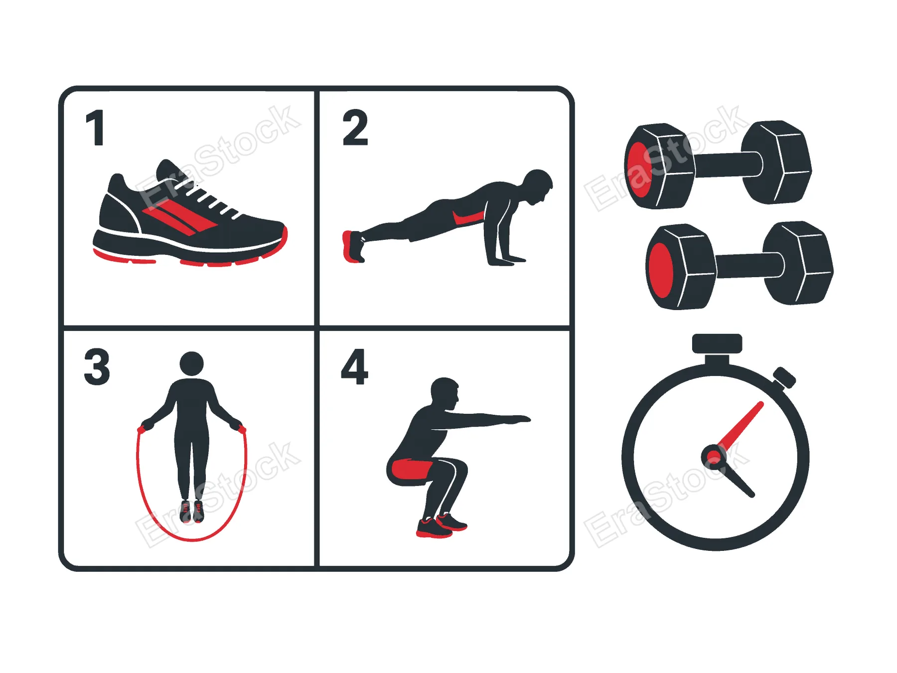 A visual guide illustrating a four-step workout plan featuring a running shoe, push-ups, jump rope, and squats alongside dumbbells and a stopwatch