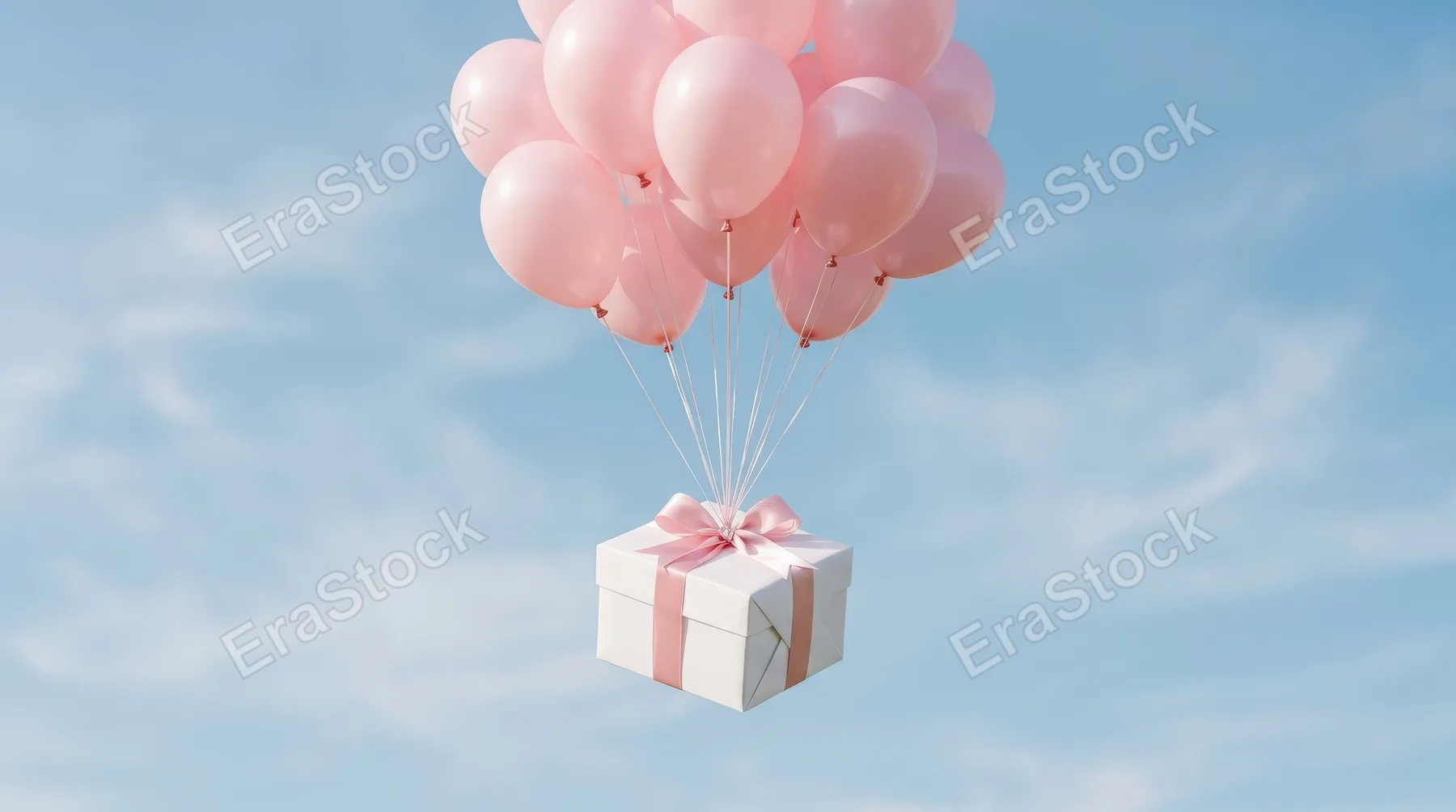 A white gift box with a pink ribbon floating upward, lifted by pale pink balloons against a soft blue background, airy celebratory mood and clean minimal styling, ultra-realistic, no logos.