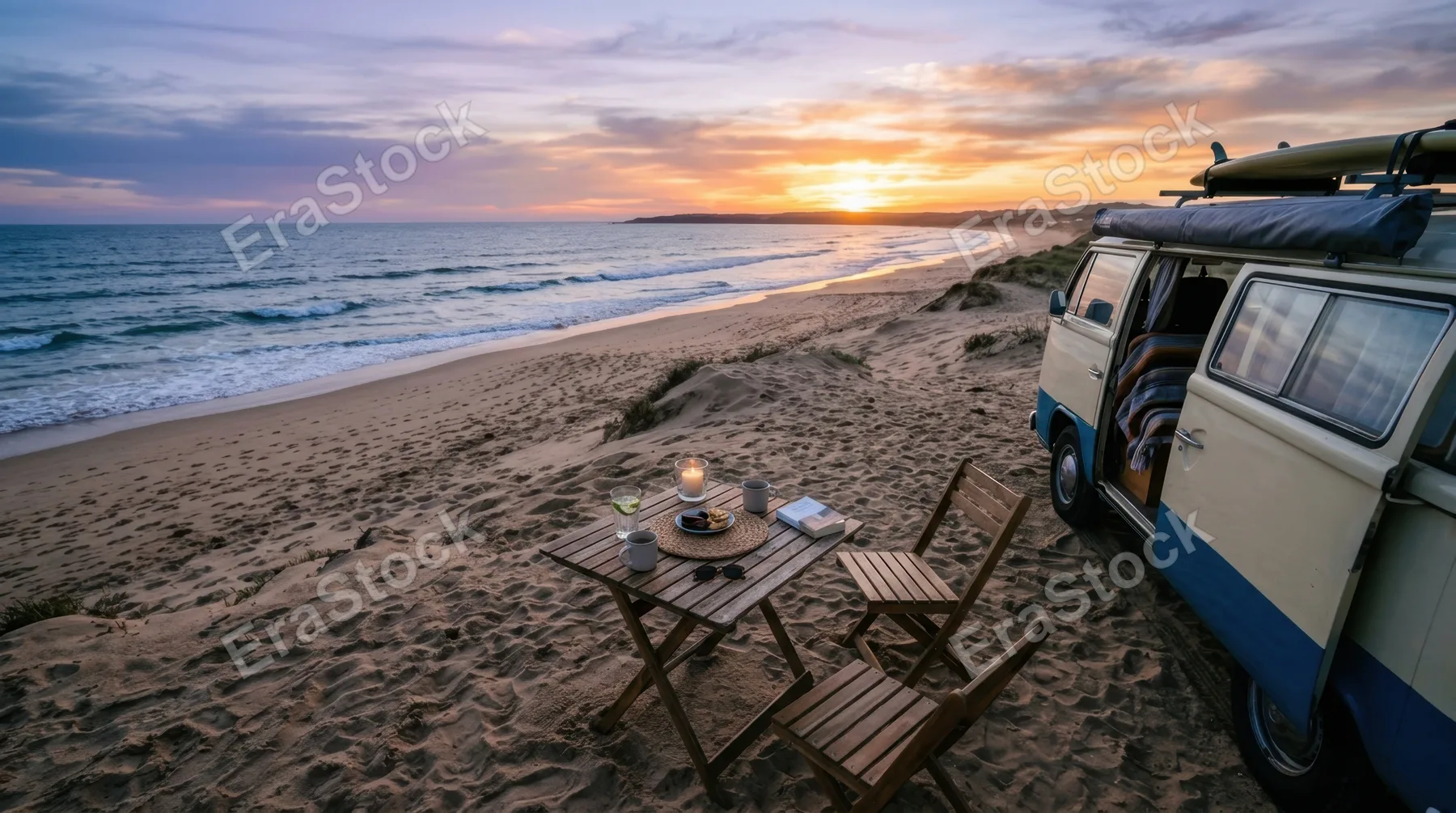 a dynamic angle featuring an overhead shot of the small outdoor table with the beach and campervan as a backdrop. the sunset radiates soft blue and lavender hues,