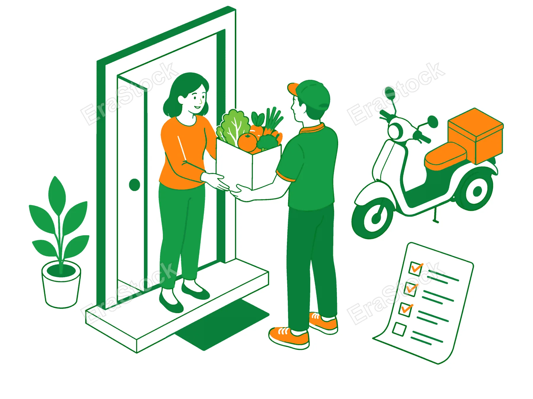 A person is handing a box of fresh produce to a woman standing at her front door, with a delivery scooter and checklist in the background