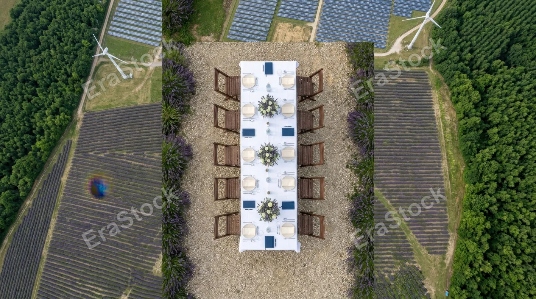 a distinct secondary angle offers a top-down view of a picnic table set for corporate meetings, with elegant tablecloths and fresh flower arrangements meticulously placed