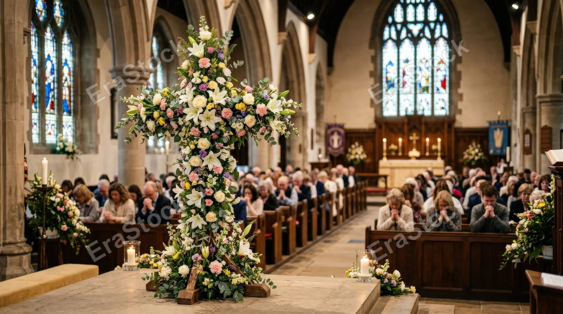 A decorative Christian cross made of fresh flowers inside church during Easter service, congregation softly blurred in prayer, floral textures, warm sacred light, ultra-realistic, no logos.