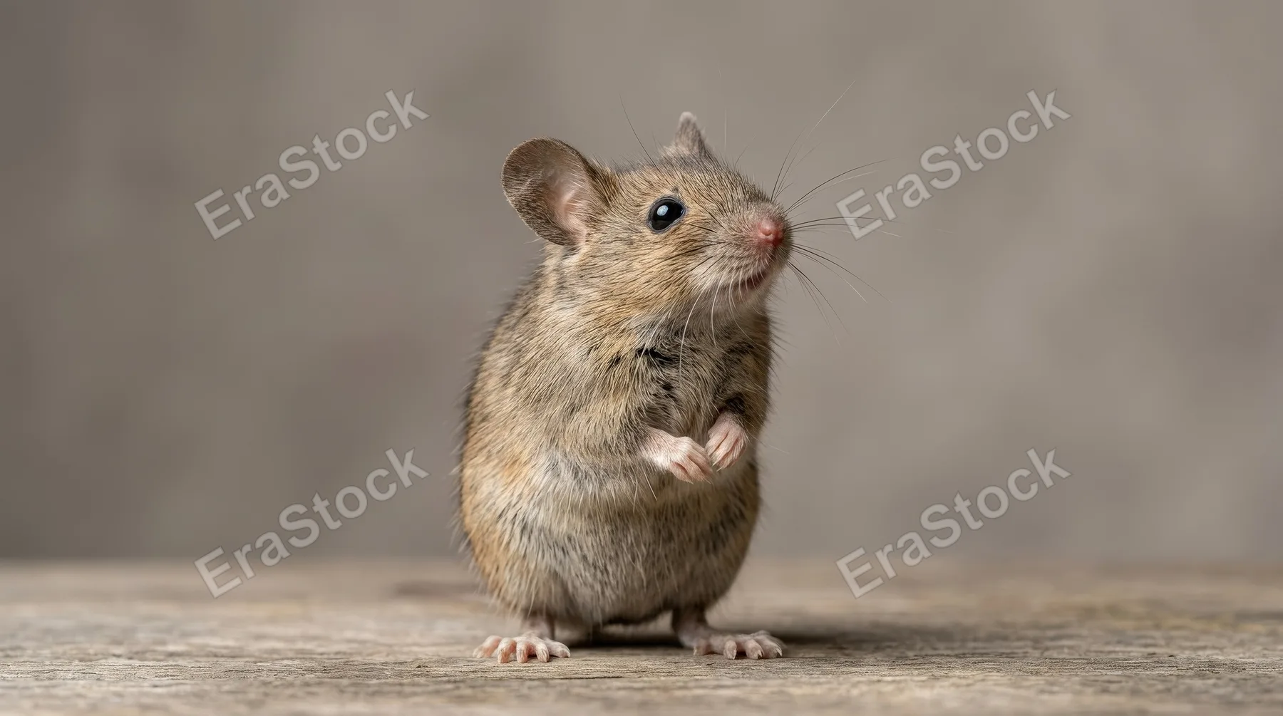 A curious mouse standing upright isolated on a simple background, fine whiskers, soft fur and alert upward gaze, delicate studio portrait, ultra-realistic, no logos.