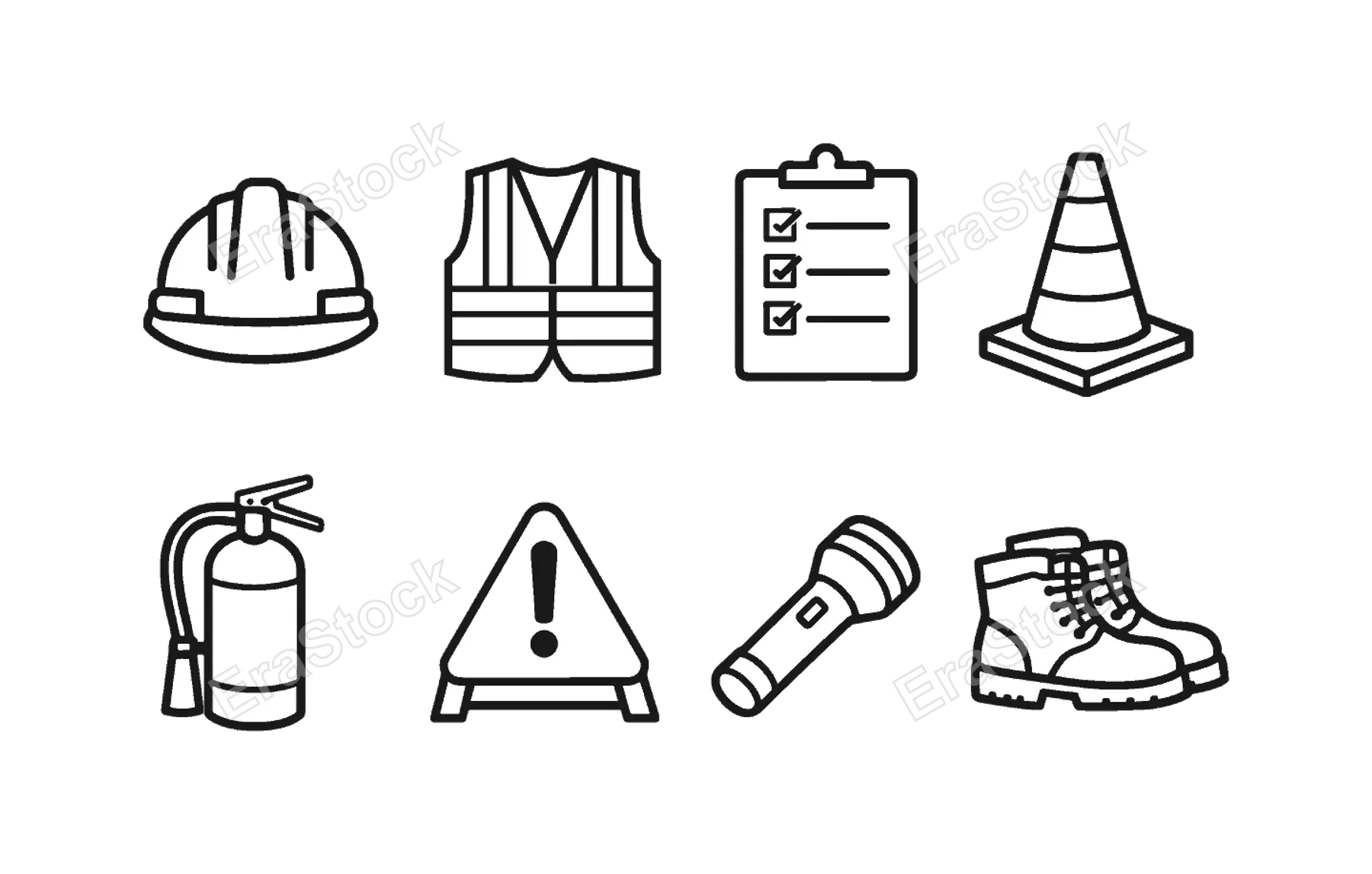 Safety inspection: hard hat helmet, safety vest, clipboard checklist, traffic cone, fire extinguisher, caution sign, flashlight, boots.