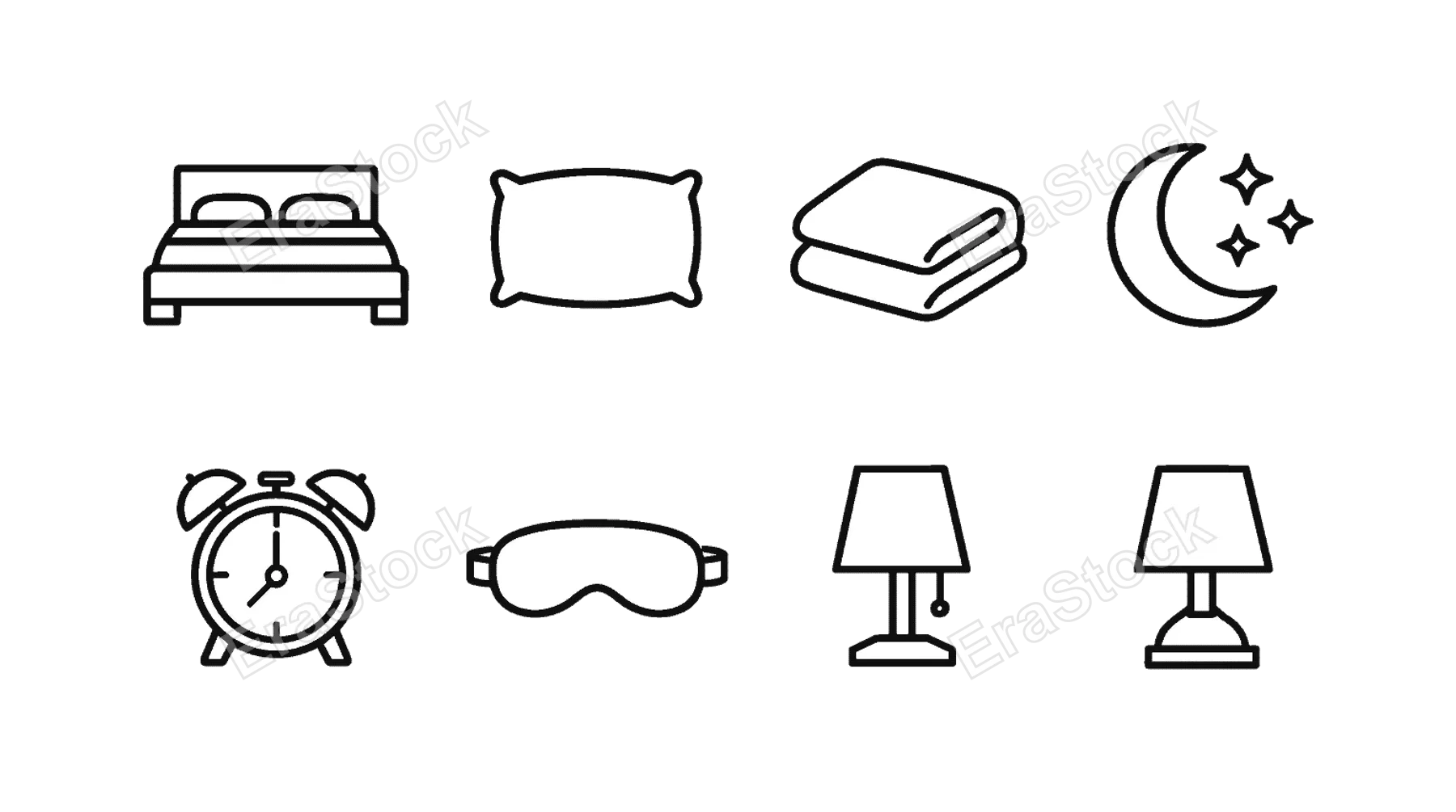 Sleep essentials: bed, pillow, blanket, moon, stars, alarm clock, sleep mask, bedside lamp.
