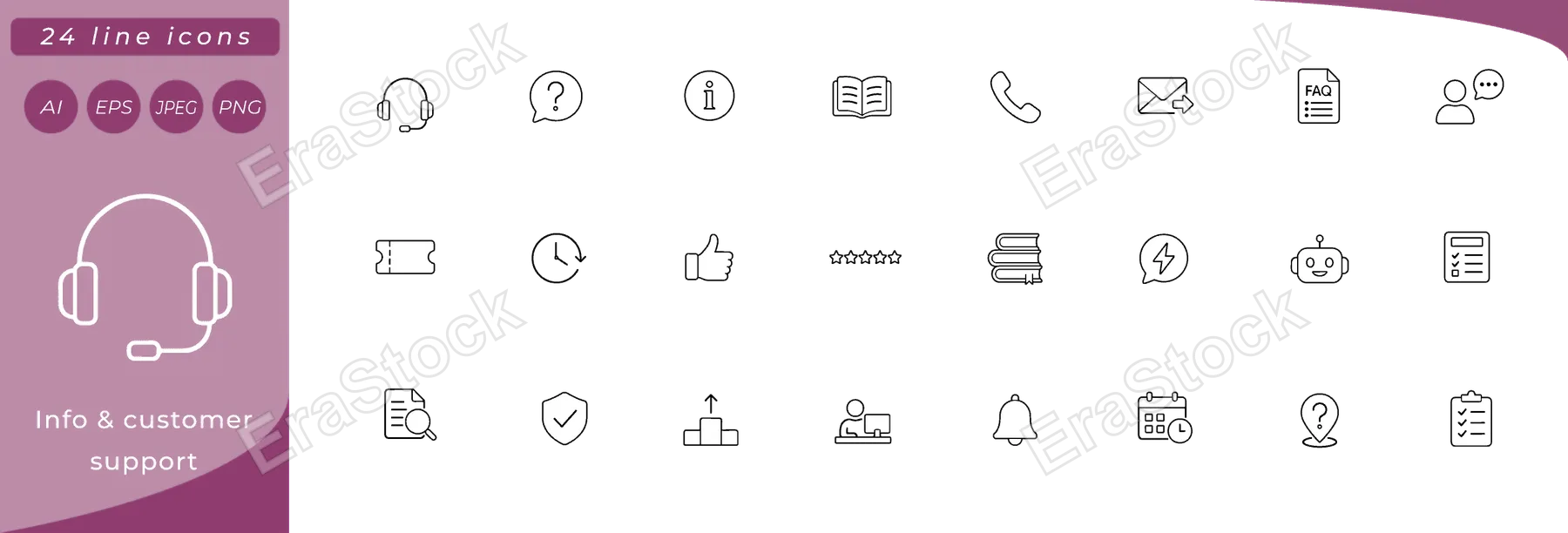 Info & customer support: headset, chat bubble with question mark, info circle, open book, telephone handset, email envelope with arrow, FAQ document, user silhouette with speech bubble, ticket stub