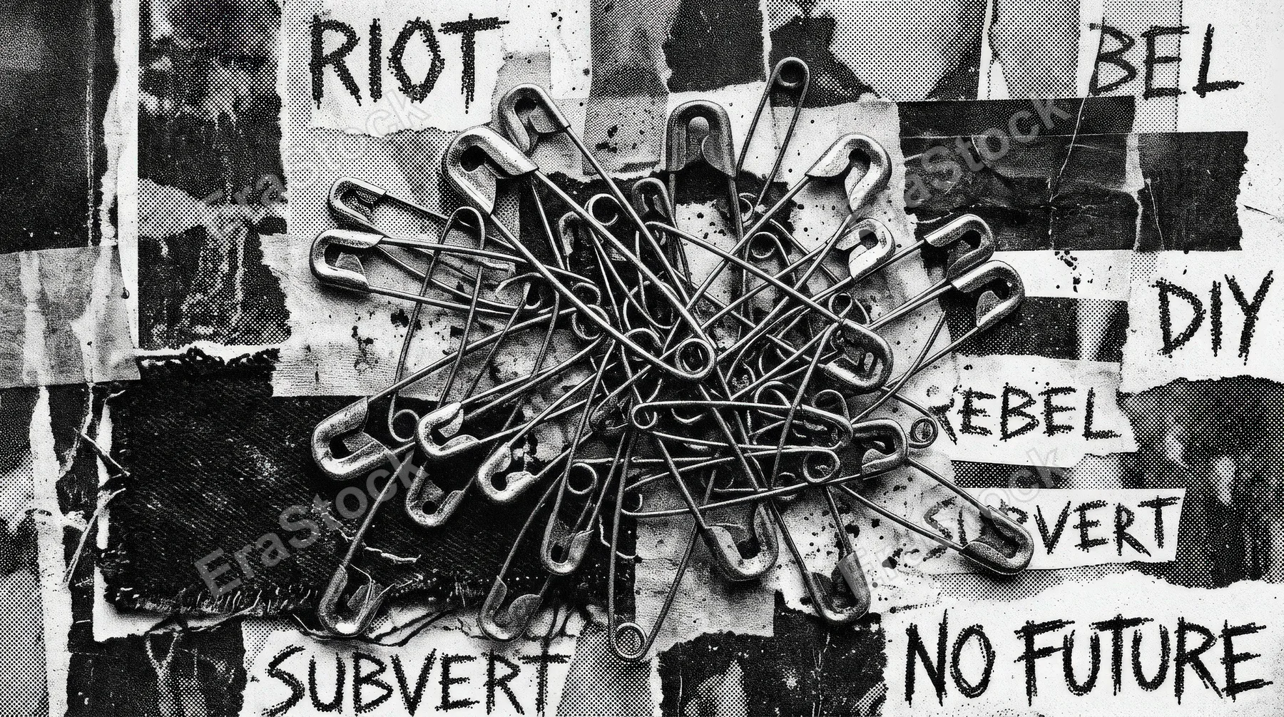 A stipple collage set of safety pins with grungy dotted texture, punk-inspired metallic forms, photocopy-style contrast, raw Y2K rebellion and edgy underground mood, ultra-realistic, no logos.