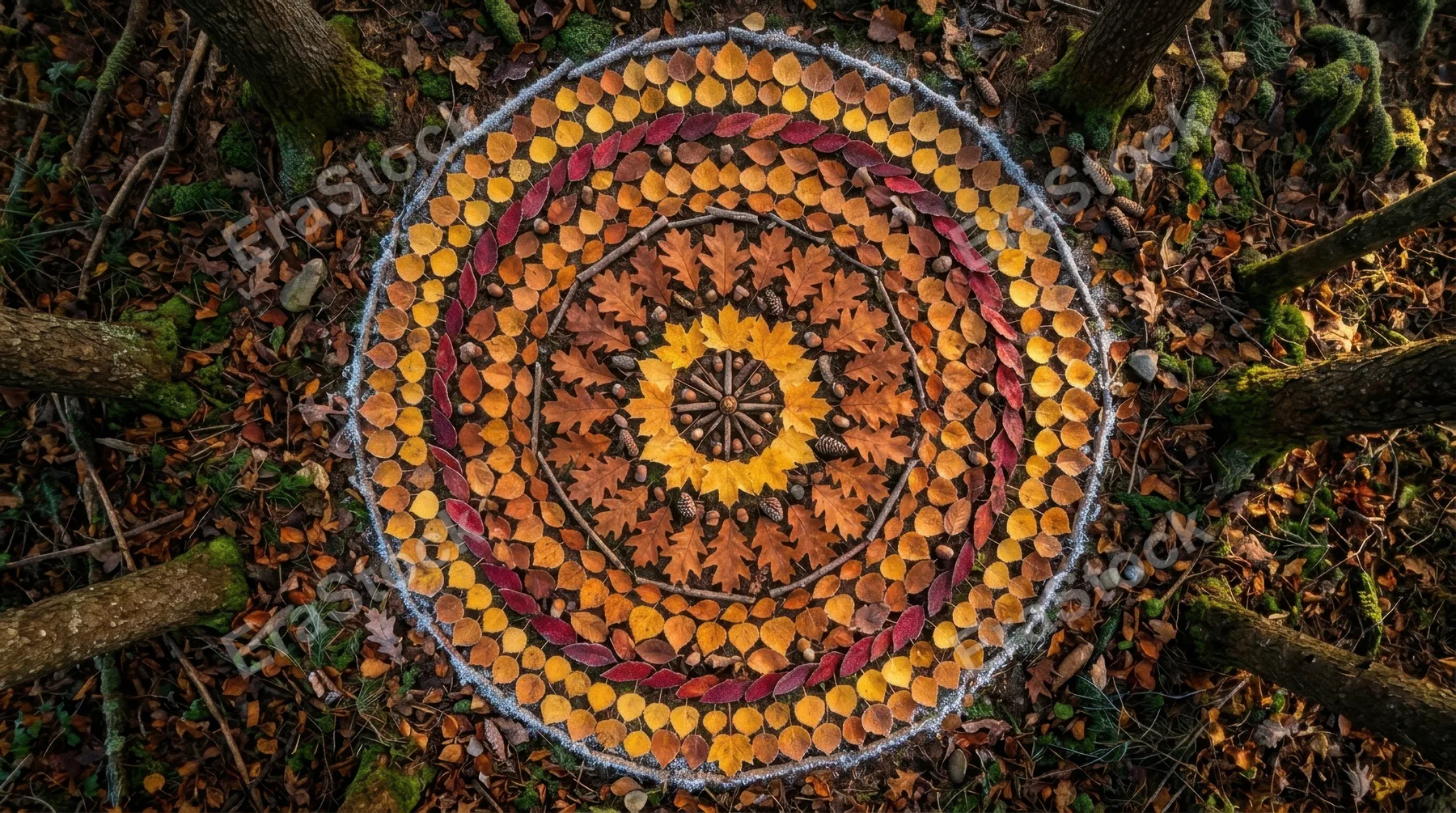 An overhead flat-lay of an old-growth forest floor in autumn, a perfect circular clearing carpeted in fallen leaves arranged by wind into a natural mandala of amber, rust