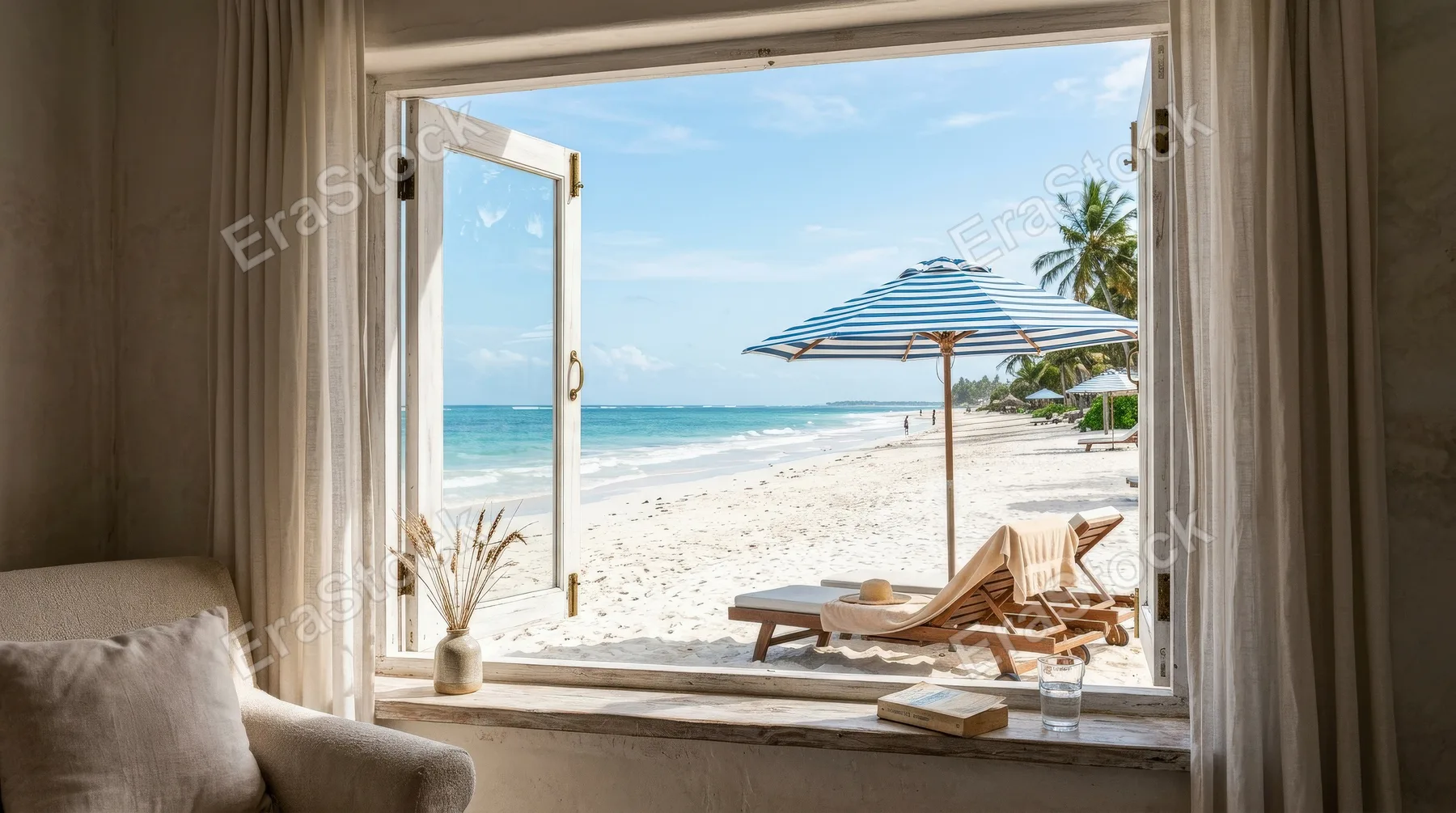 A serene beachfront view through a window, ocean and umbrella visible outside, soft indoor framing and quiet resort calm, ultra-realistic, no logos.