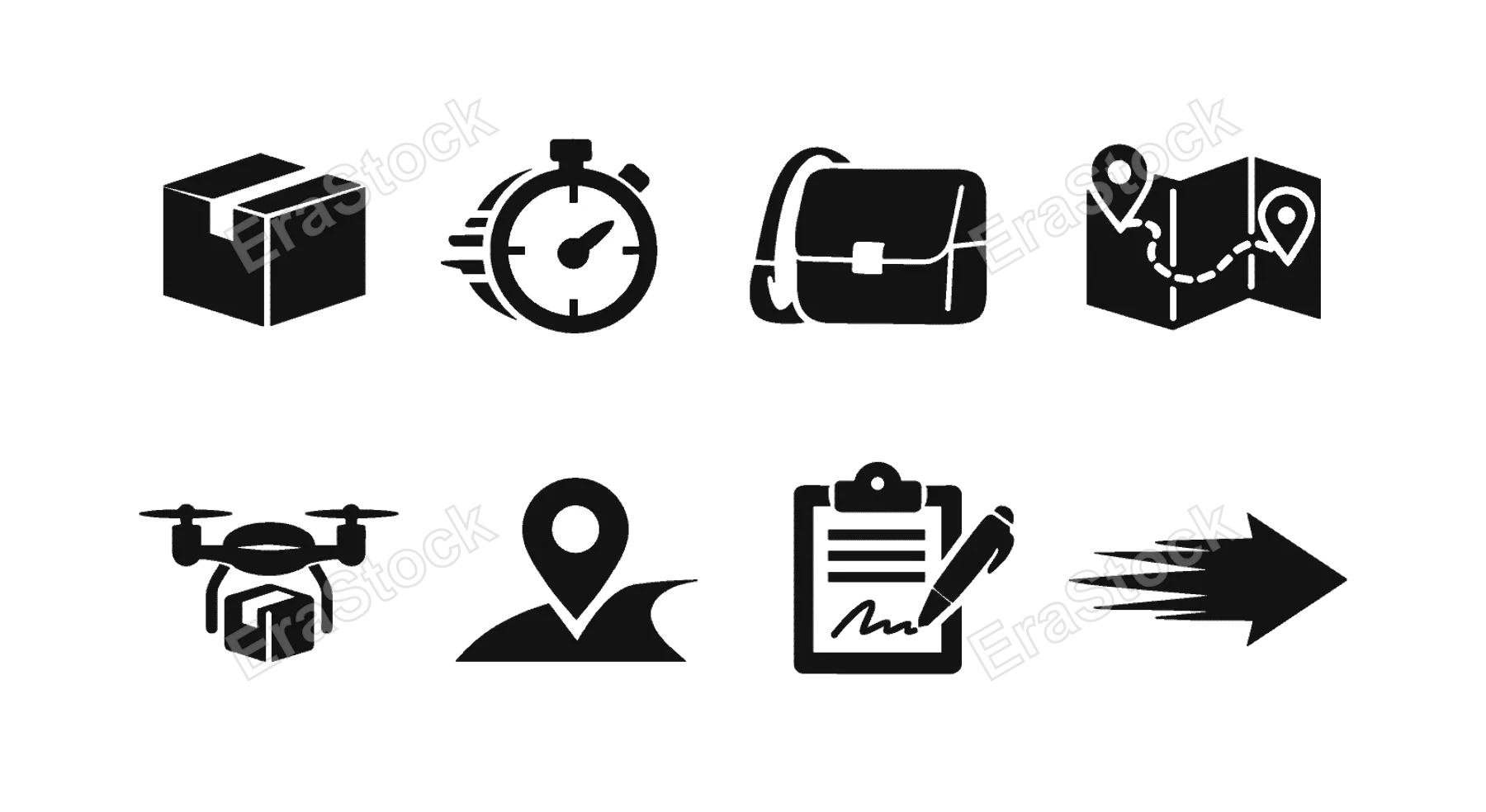Instant delivery concept: package box, stopwatch, courier bag, map route, drone delivery, tracking pin, signature receipt, fast arrow.