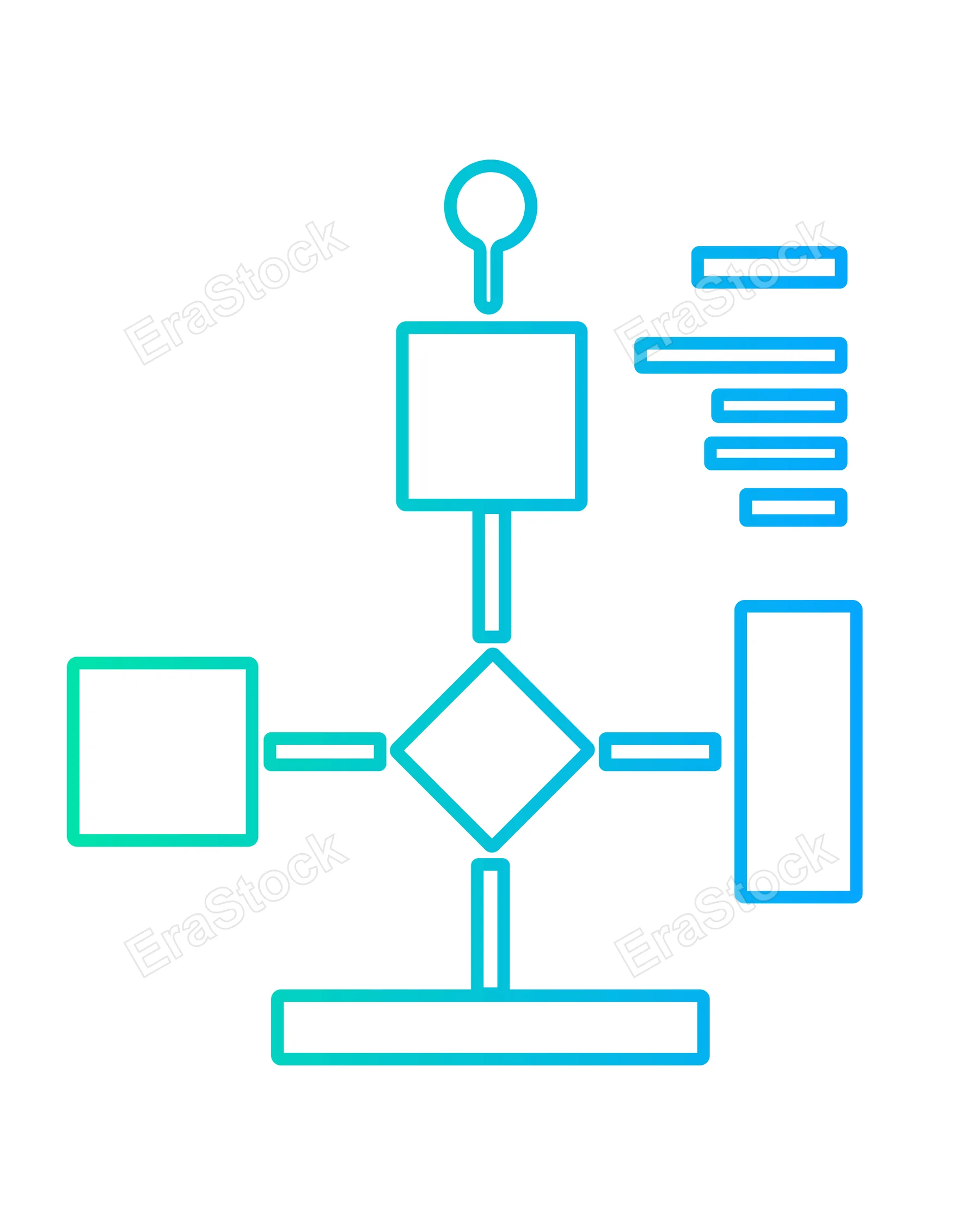 A clean, minimalist flowchart illustration using blue and green gradient lines to depict a sequence of operations or decisions