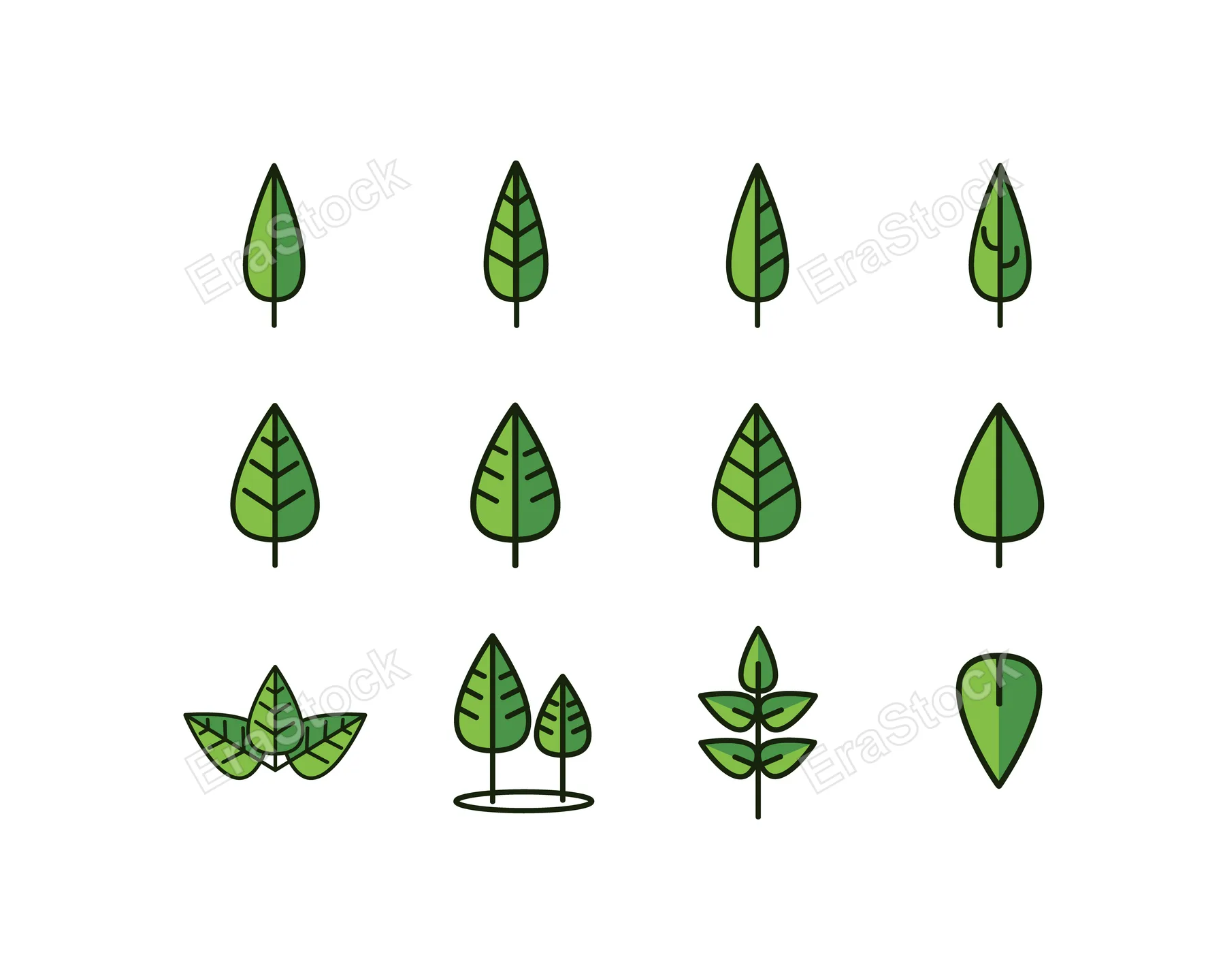 A set of simple, modern illustrations depicting various green leaf shapes and miniature trees, perfect for nature-themed designs