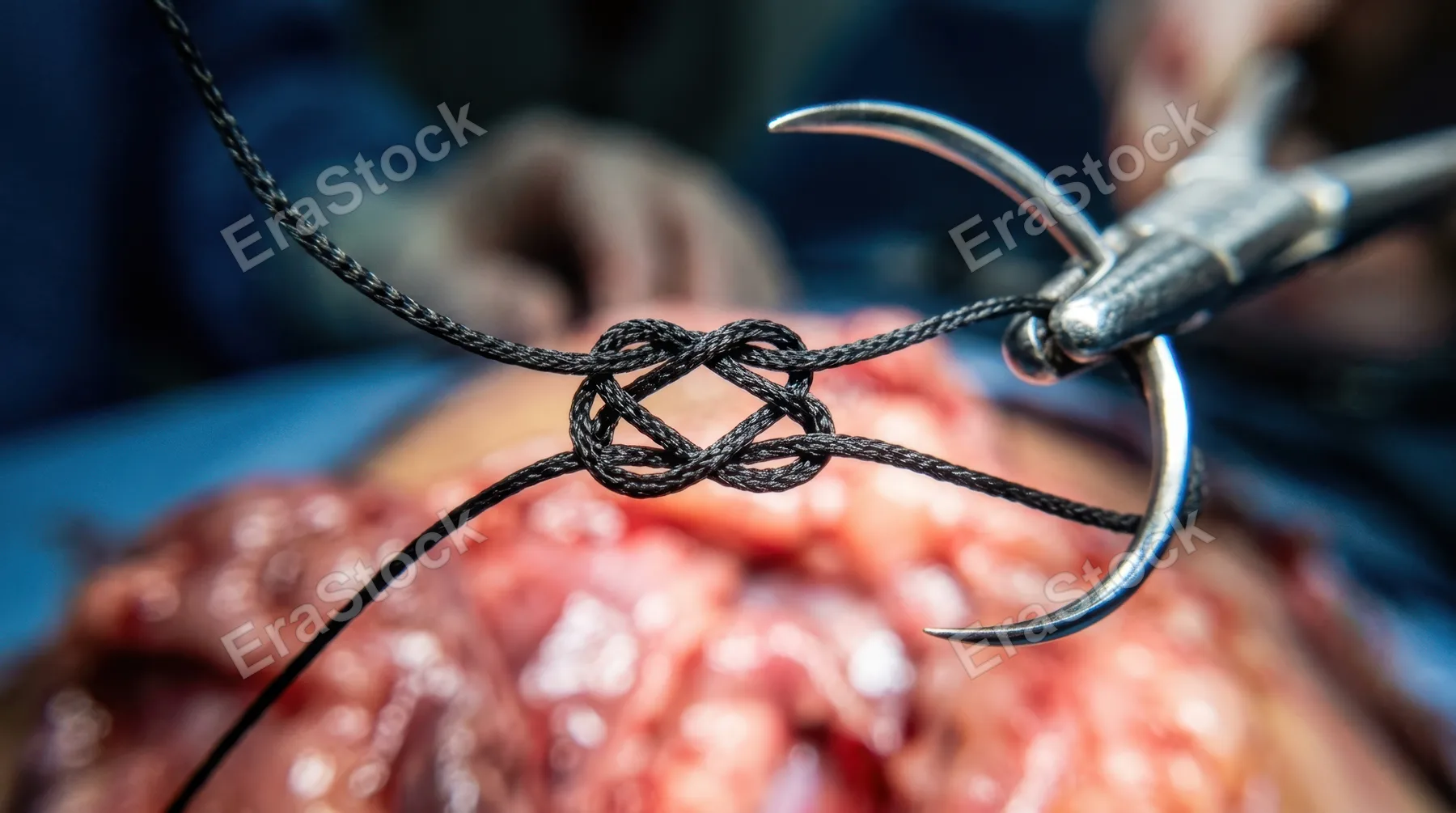 A surgical silk suture being tied under magnification, the looping thread rendered in extreme macro at the precise moment the knot cinches, the suture needle still