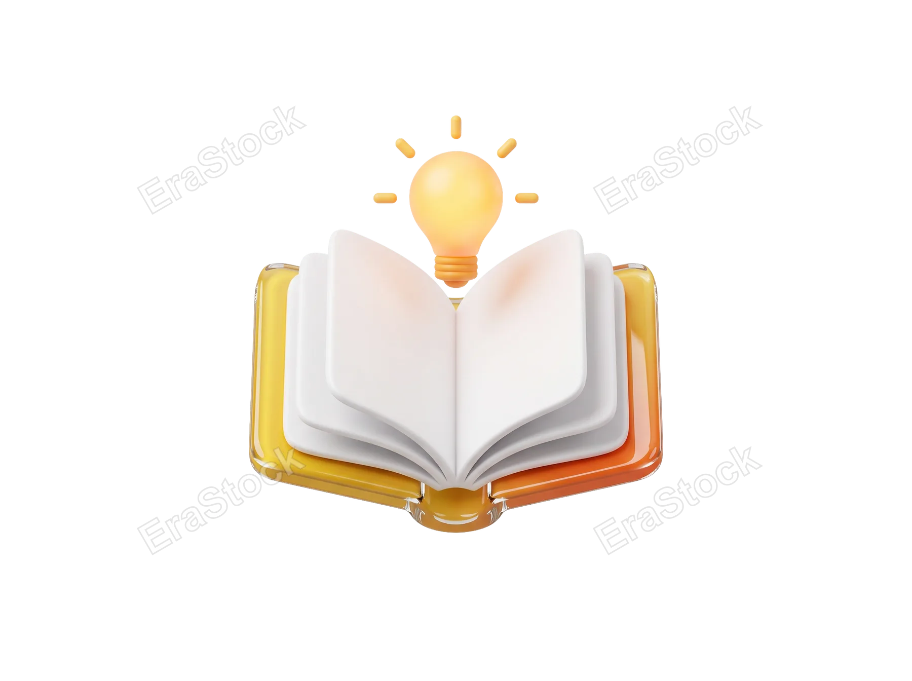 A 3D illustration of an open book with blank pages and a bright light bulb illuminating from above, representing inspiration and learning