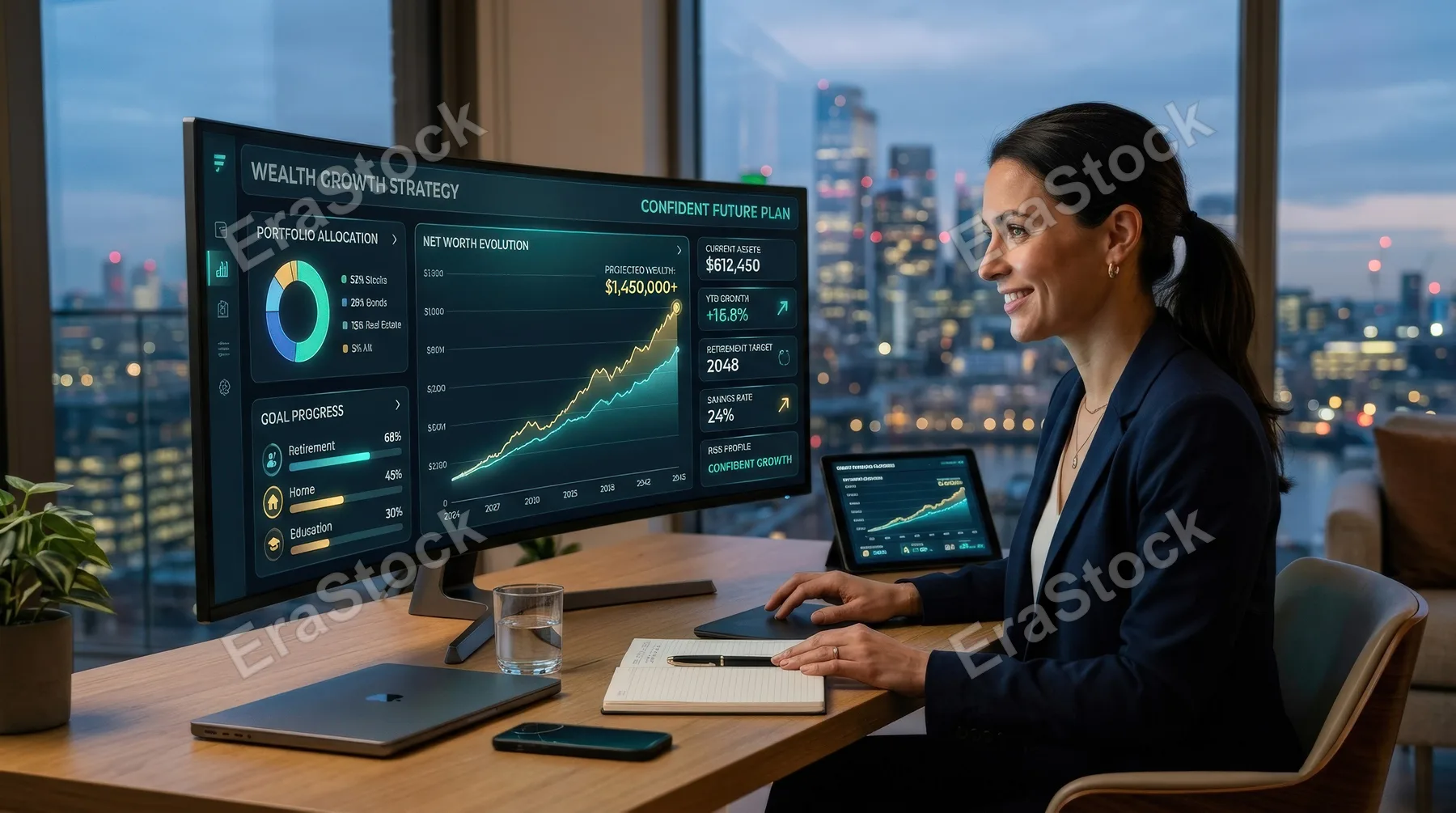 A smart financial planning concept with digital charts, wealth-growth indicators and sleek data panels, modern fintech composition, confident future-focused atmosphere, ultra-realistic, no logos.