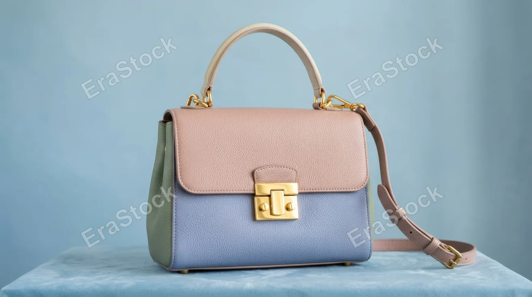 A stylish handbag with pastel-colored panels and polished gold hardware set against a simple blue background, soft studio light and refined fashion mood, ultra-realistic, no logos.