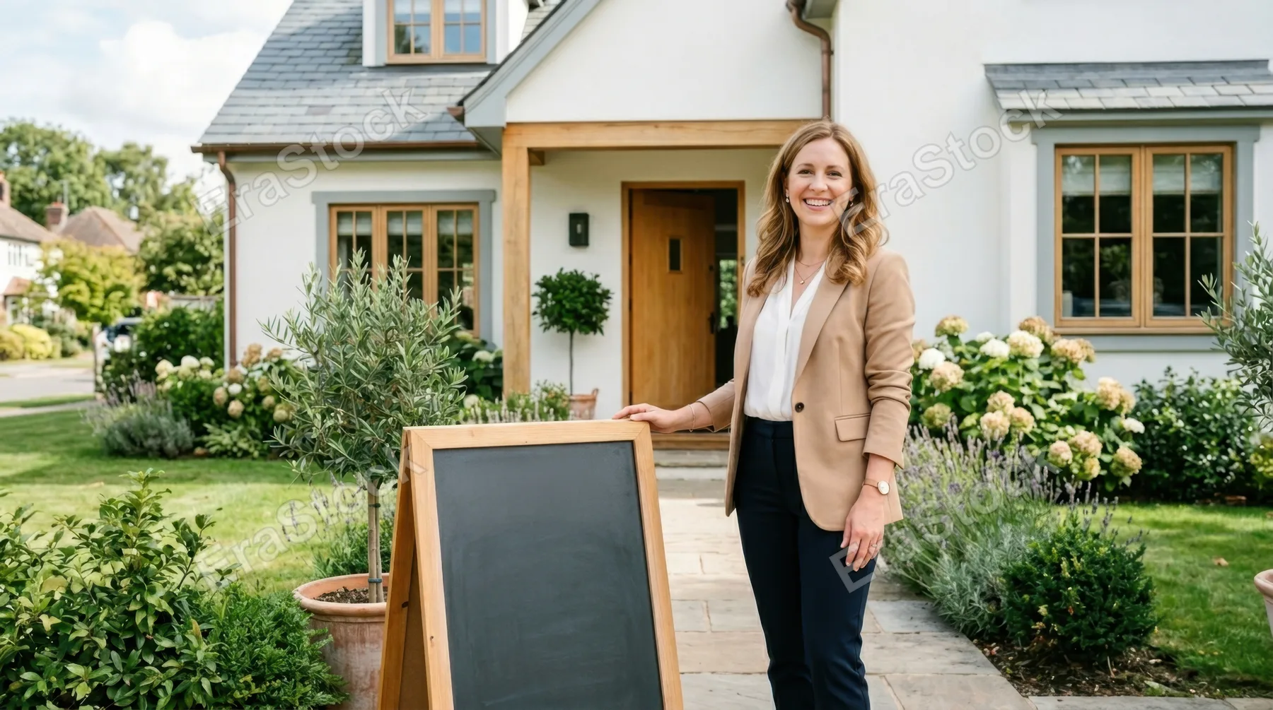 a 34-year-old caucasian female real estate agent stands confidently in front of a beautifully designed house, portraying an inviting atmosphere. the bright outdoor space