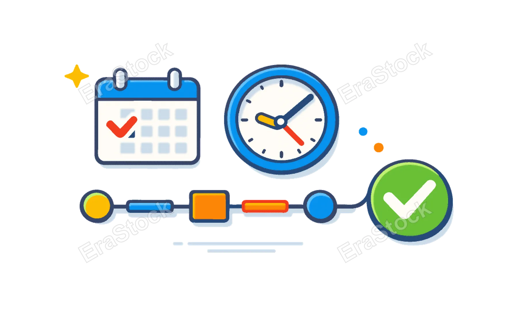 Work schedule organization scenario centered on coordinating meetings and tasks for smooth workflow execution, a simple timeline connected to a small checkmark icon