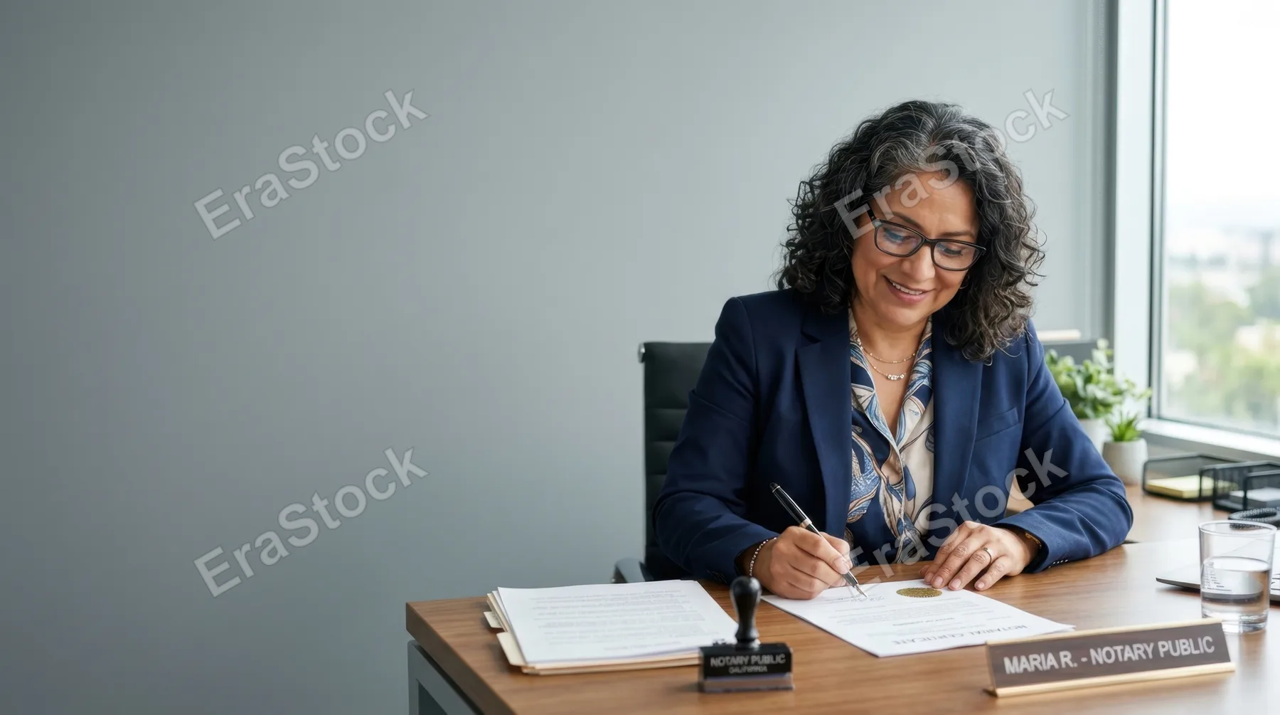 a graphic composition highlights a 50-year-old latina female notary as she signs documents at her sleek desk, showcasing clear subject separation against a soft muted