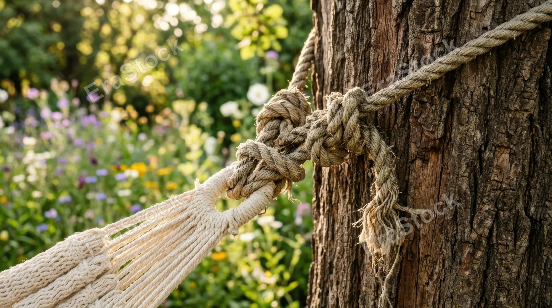 Close-up detail of weathered rope knots securing a cream-colored woven hammock between two rustic tree trunks, intricate rope texture visible in sharp focus, garden