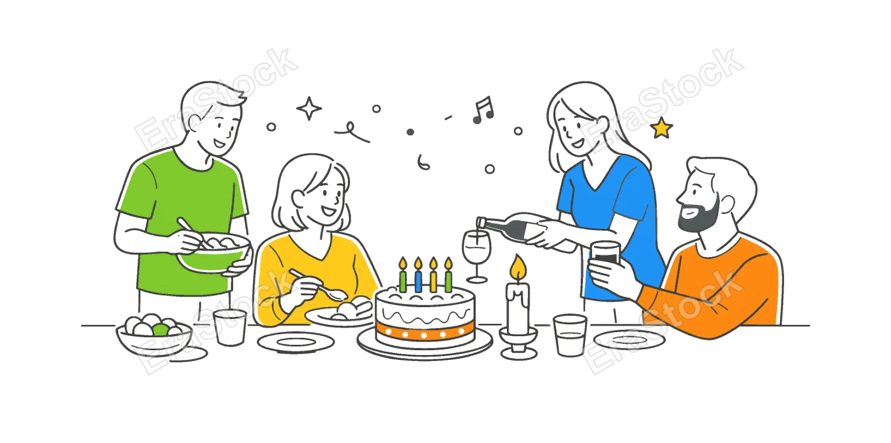 Seasonal festivity at home where friends or family prepare and enjoy a special occasion together, visualized through a decorated table with a cake and a candle as the