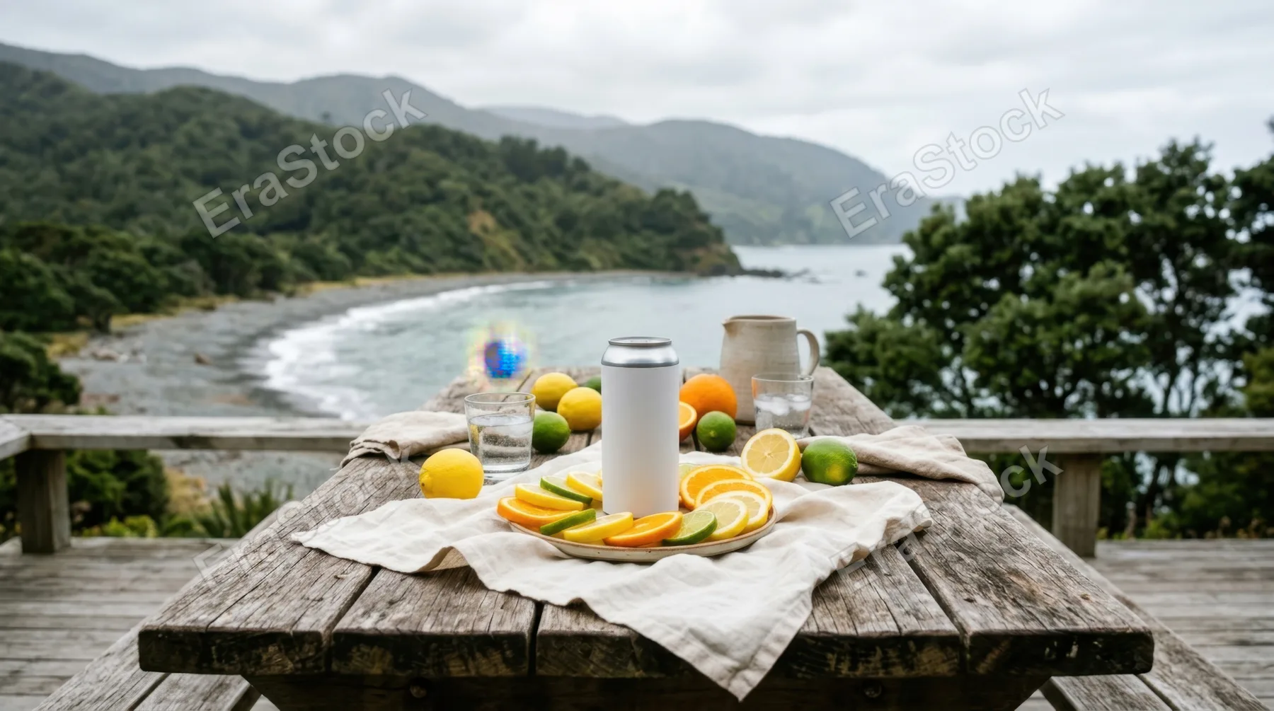 a serene outdoor scene capturing a rustic wooden table set against a tranquil coastal backdrop. a blank beverage can sits prominently in the center, surrounded by vibrant