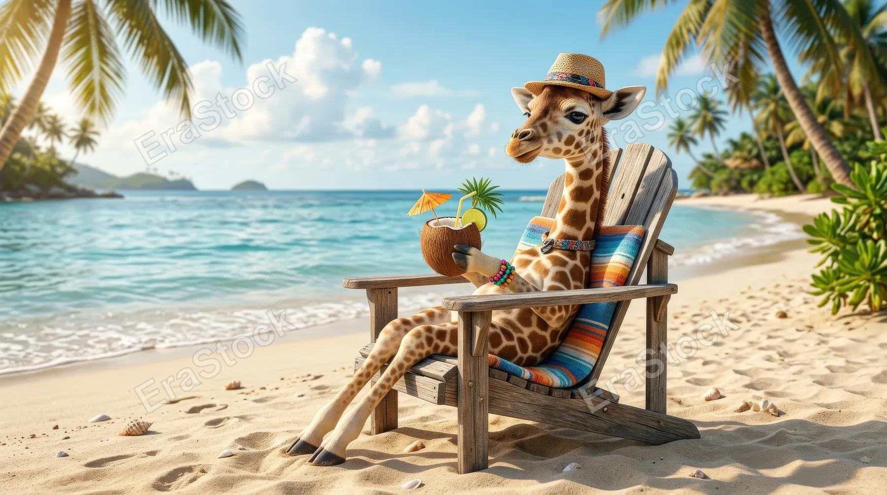 A cute giraffe relaxing in a wooden lounge chair on the beach, holding a coconut cocktail, warm sand, calm sea breeze, whimsical nursery mood, ultra-realistic, no logos.