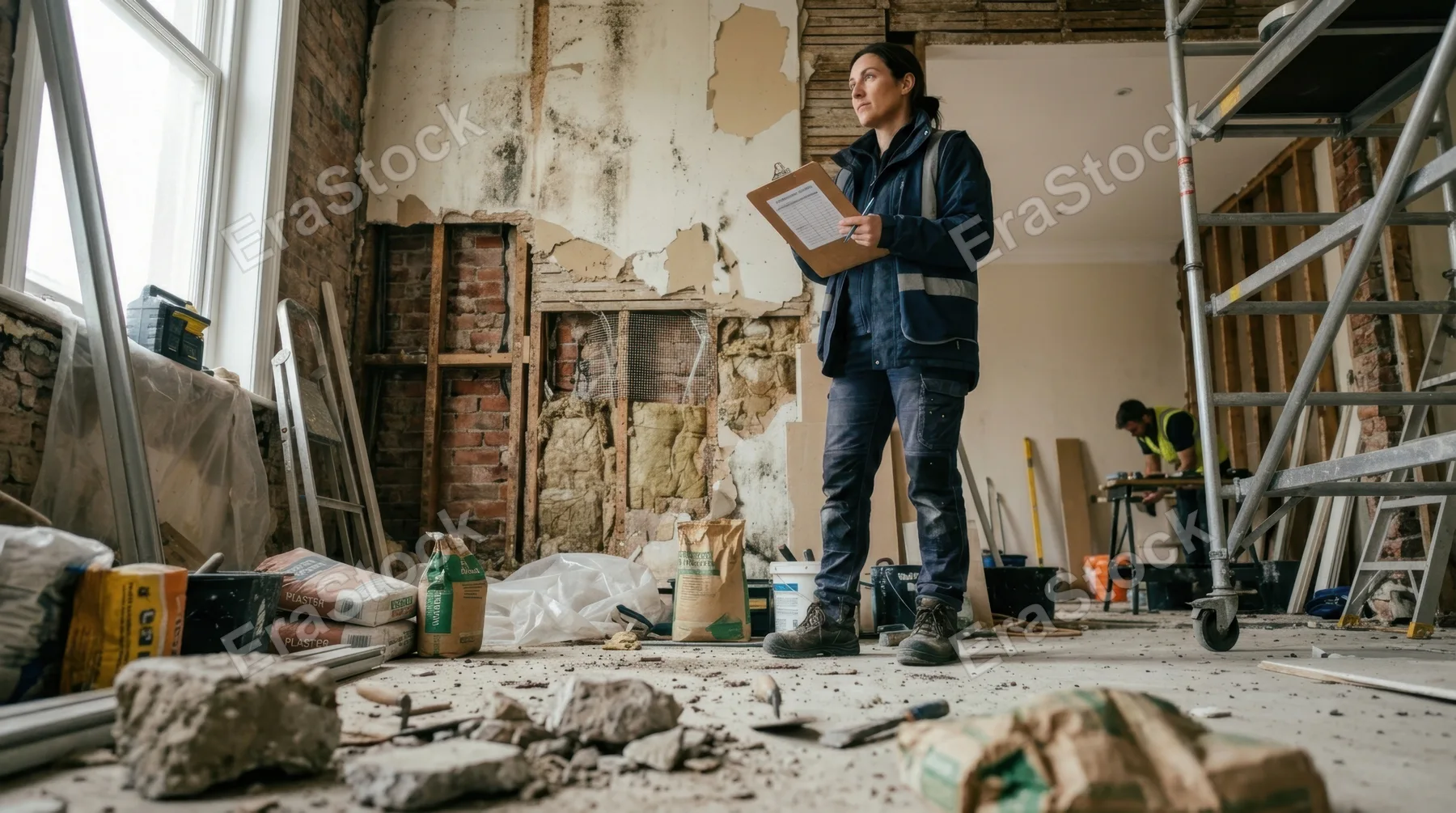 a distinct low-angle shot of the restoration assessor standing confidently, reviewing the damage, with repair materials and a partially damaged wall in the background