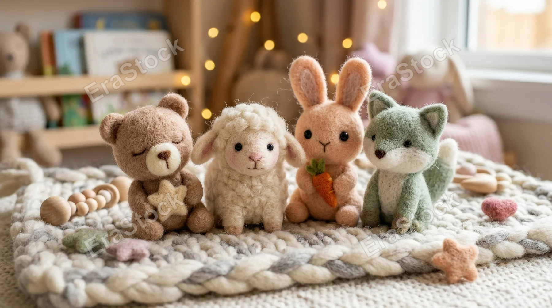 Cute soft wool-felt baby mascots in a playful arrangement, tactile fuzzy texture, gentle pastel tones, warm imaginative background mood, ultra-realistic, no logos.