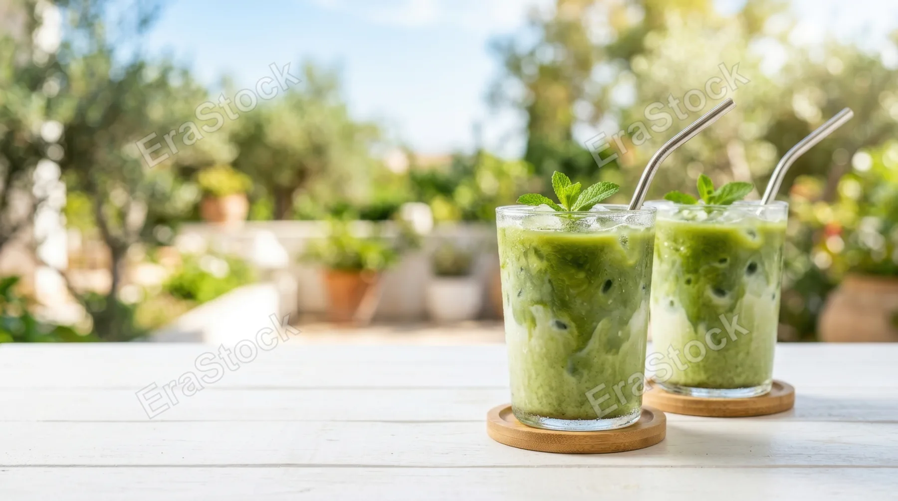 a graphic commercial composition features the iced matcha cups in sharp focus on a white table against a vibrant outdoor backdrop. the setup includes generous negative