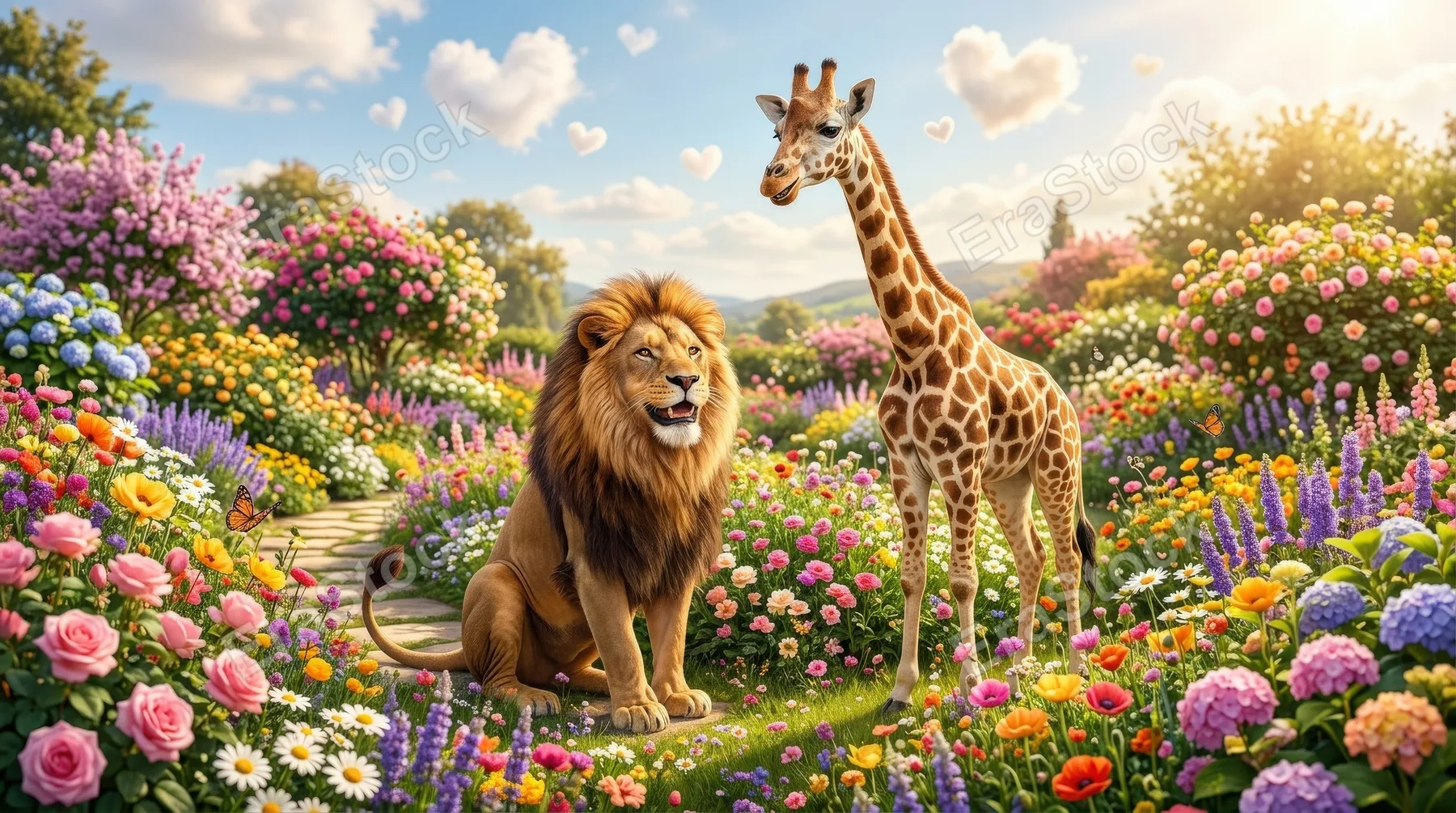 A happy lion and giraffe standing together in a colorful flower garden with heart-shaped accents in the sky, vibrant blooms and sunny light, playful joyful atmosphere, ultra-realistic, no logos.