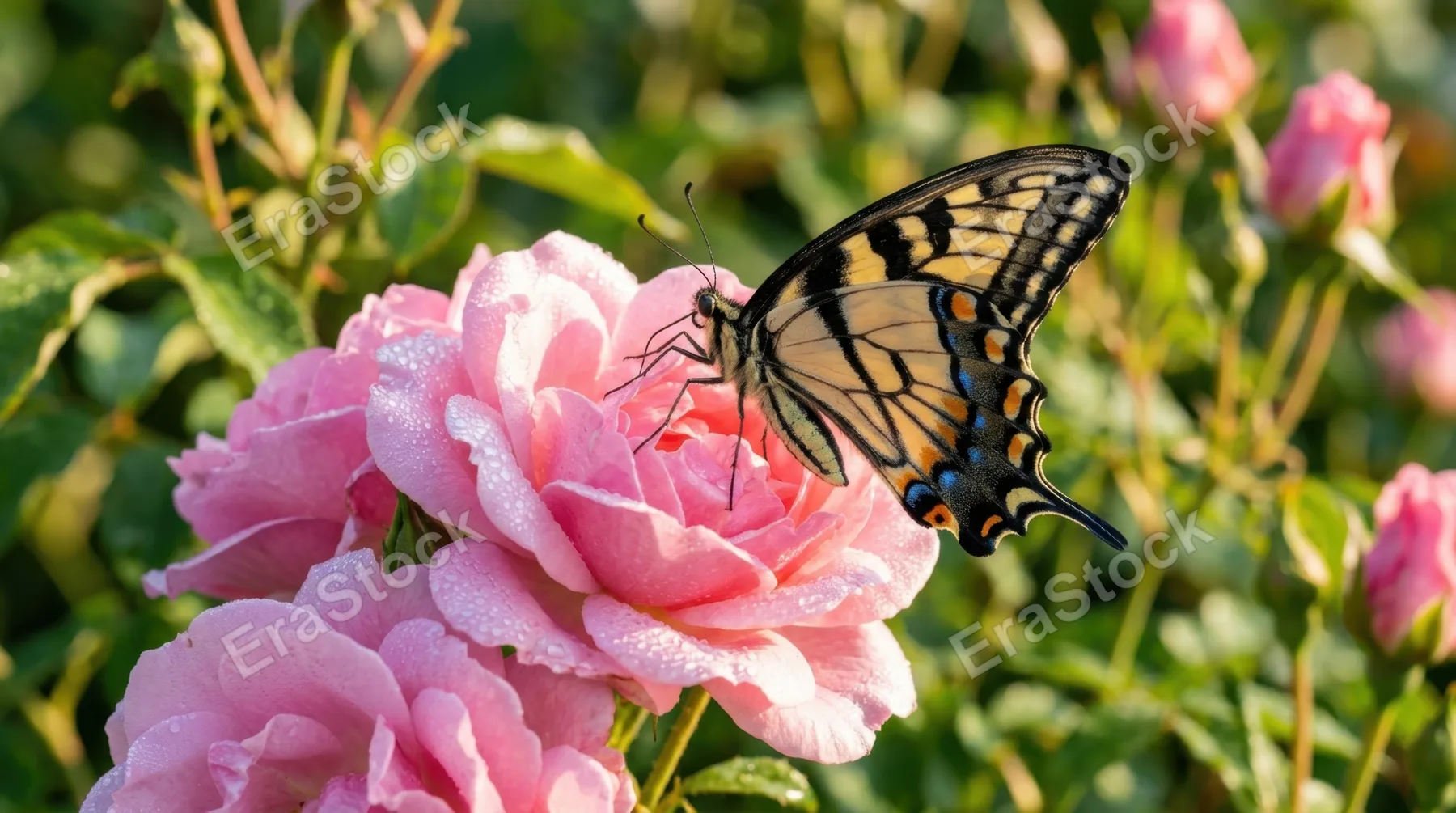 Swallowtail butterfly resting on soft pink rose petals, intricate wing venation and wing-tip patterns clearly visible, morning dew droplets on flower and insect thorax,
