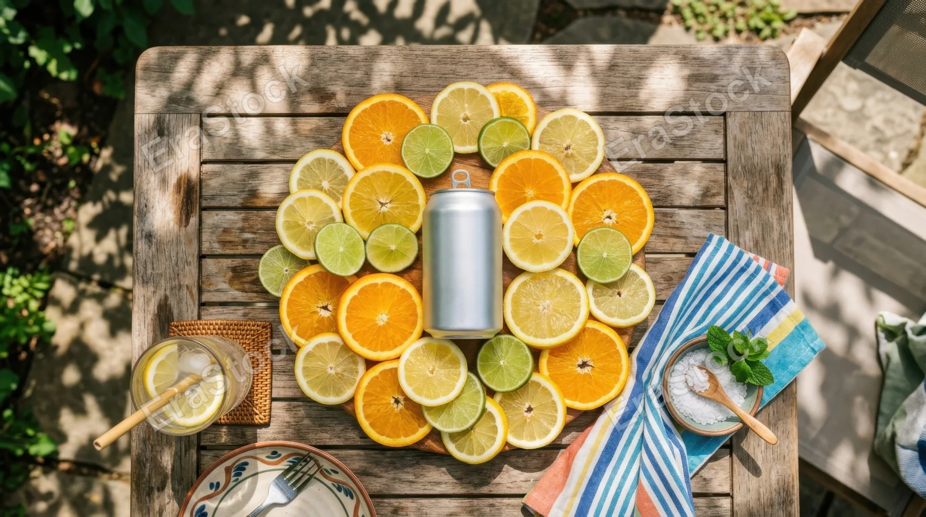 a distinct overhead angle of a summer-themed outdoor table scene, featuring a blank beverage can in the center surrounded by a lively array of citrus slices. the