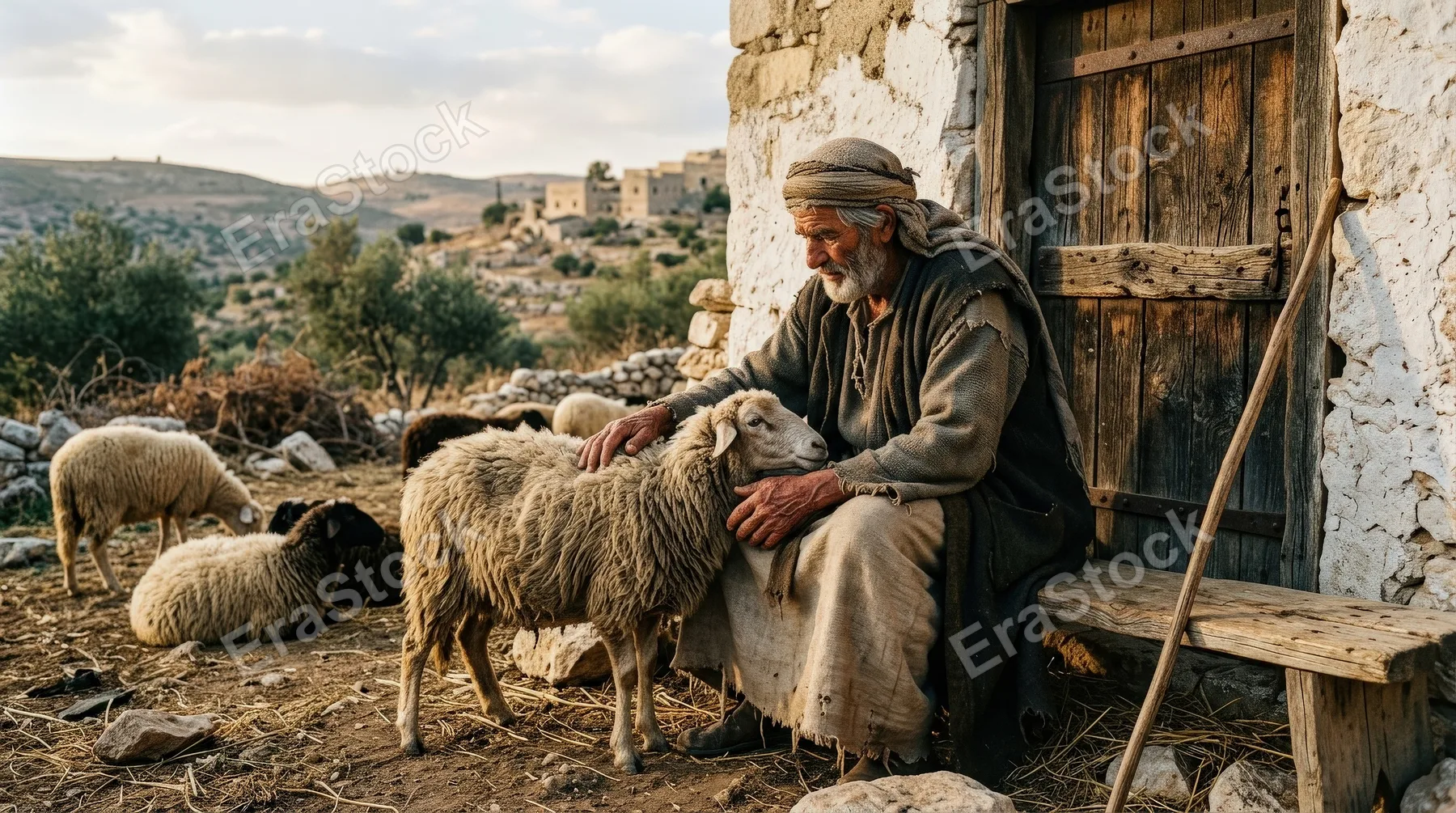 An old shepherd seated near an ancient wooden door with sheep, weathered hands petting the animal, rustic clothing and warm rural light in a biblical landscape, ultra-realistic, no logos.
