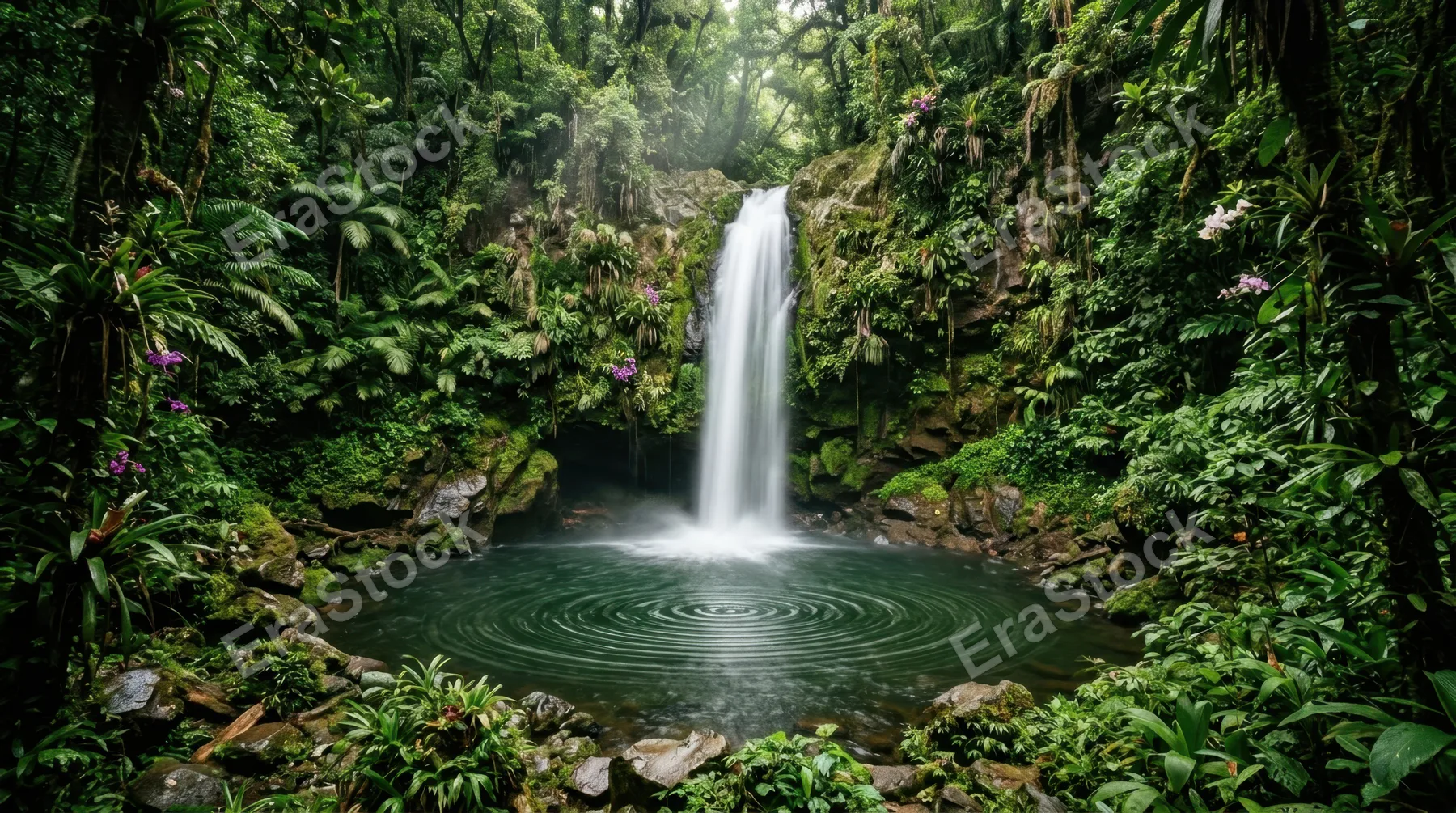 A deep jungle waterfall dropping into a perfectly circular pool surrounded by dense tropical vegetation, mist rising from the impact zone and catching filtered green