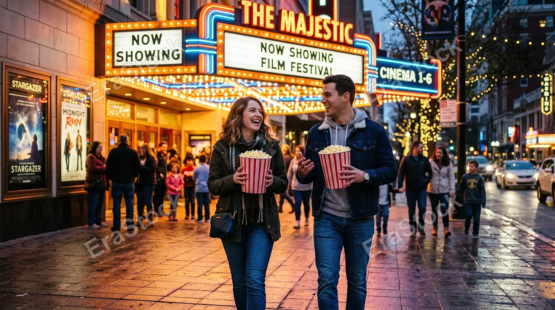 Two people holding popcorn while walking outside a theater, colorful evening scene, bright facade lights, cheerful cinema mood, ultra-realistic, no logos.