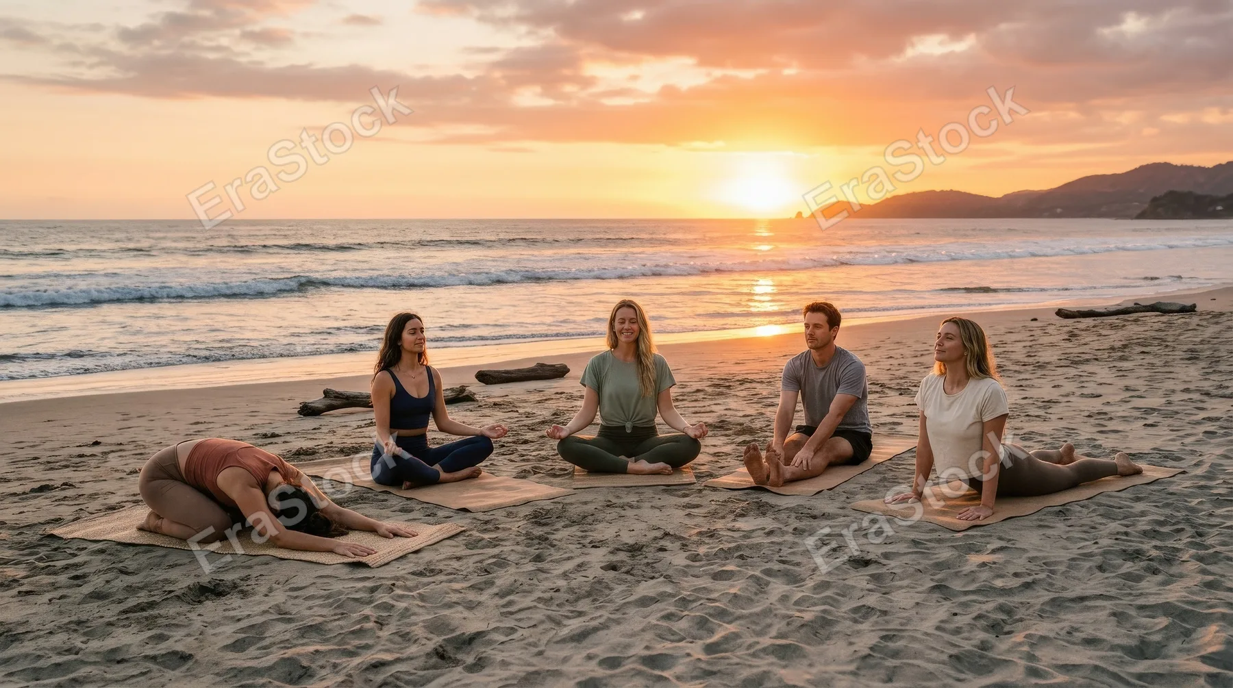 Friends enjoying a sunset yoga session on the beach, relaxed postures, calm waves, wellness-focused mood, glowing horizon, serene golden light, ultra-realistic, no logos.