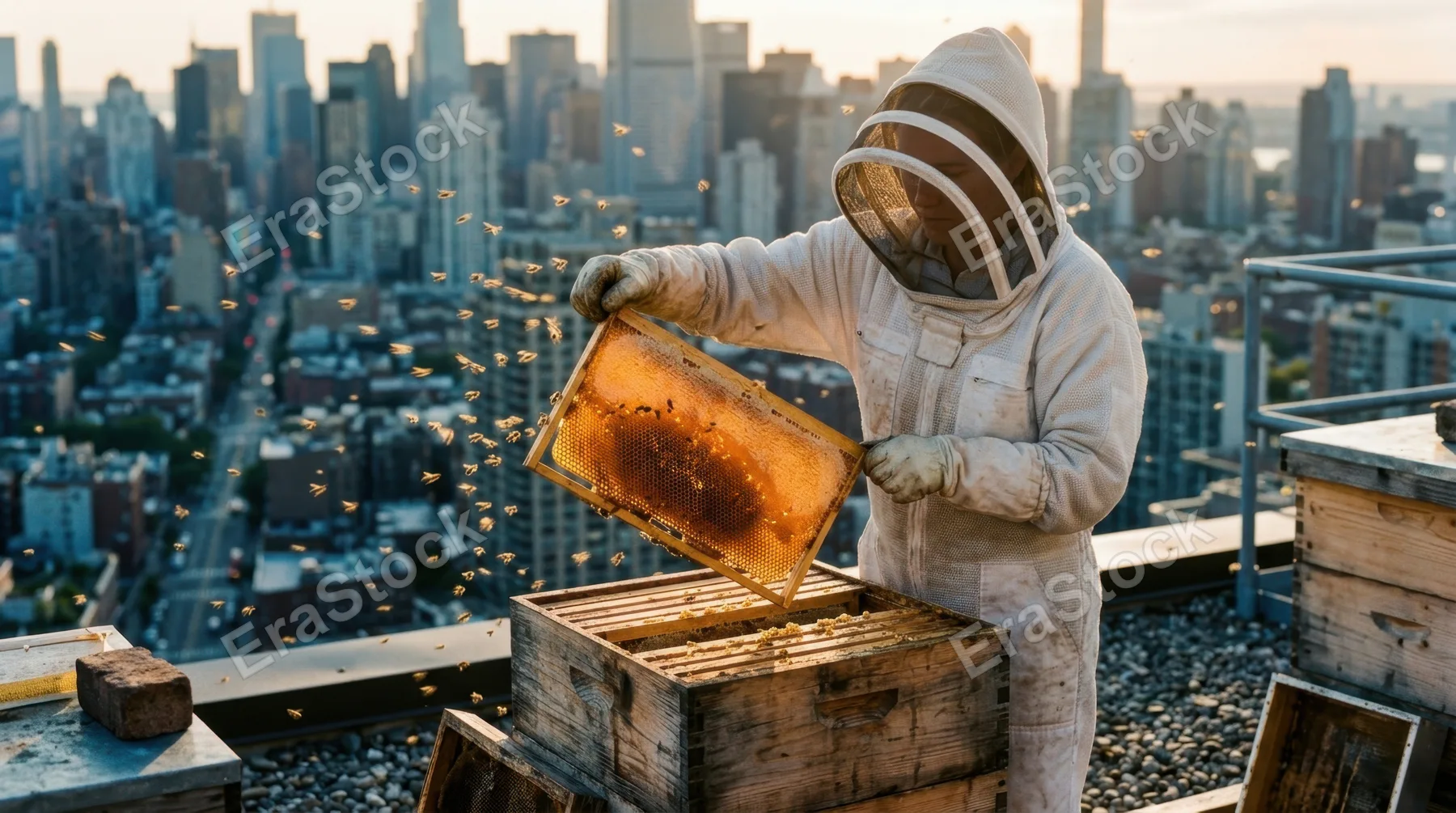 A rooftop beekeeper at work above a dense urban skyline, lifting a full honeycomb frame from a wooden hive box, comb backlit by afternoon sun glowing translucent amber,