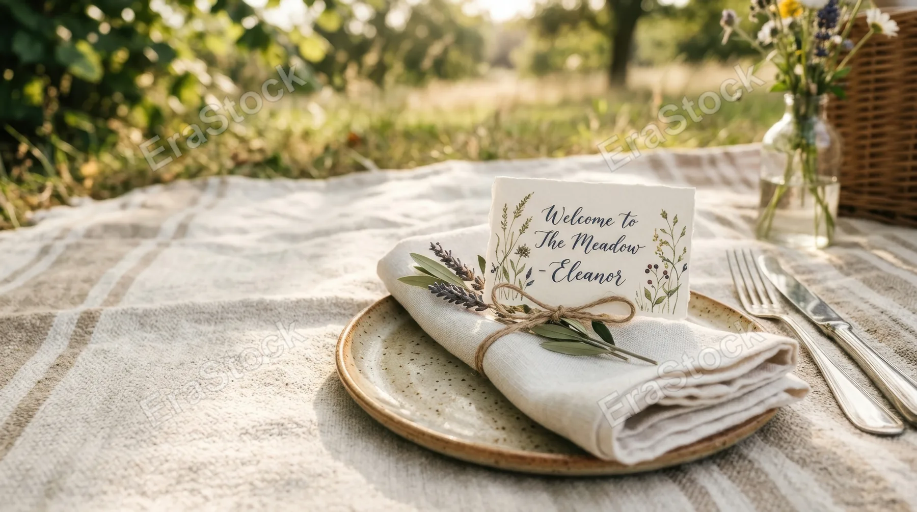 a bold graphic composition focusing on the elegantly arranged place card and delicately folded napkins on a picnic cloth, offering generous negative space for potential