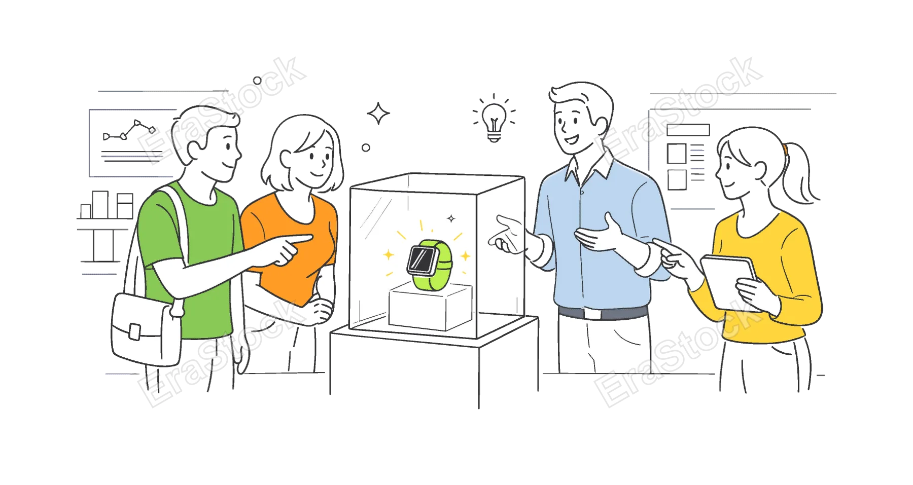 People interacting with modern retail or exhibition spaces featuring transparent glass displays to showcase products or information in a clean environment, illustrated