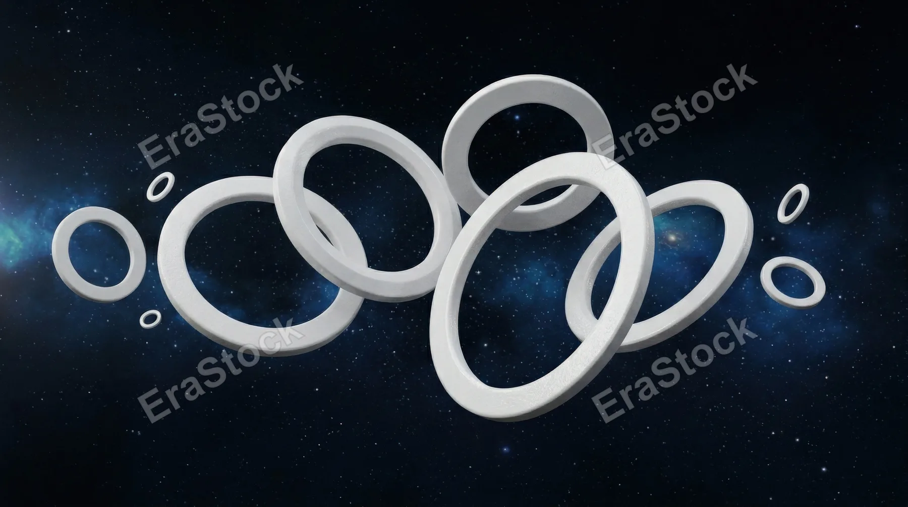 White geometric rings floating in open space, pure balanced forms with soft light and minimal shadows, serene essential structure mood, ultra-realistic, no logos.