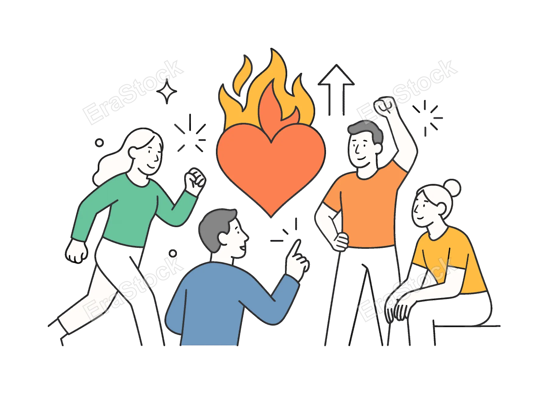 Motivation and inner drive in a personal growth or wellness setting where individuals pursue goals with energy and determination, visualized through a flaming heart