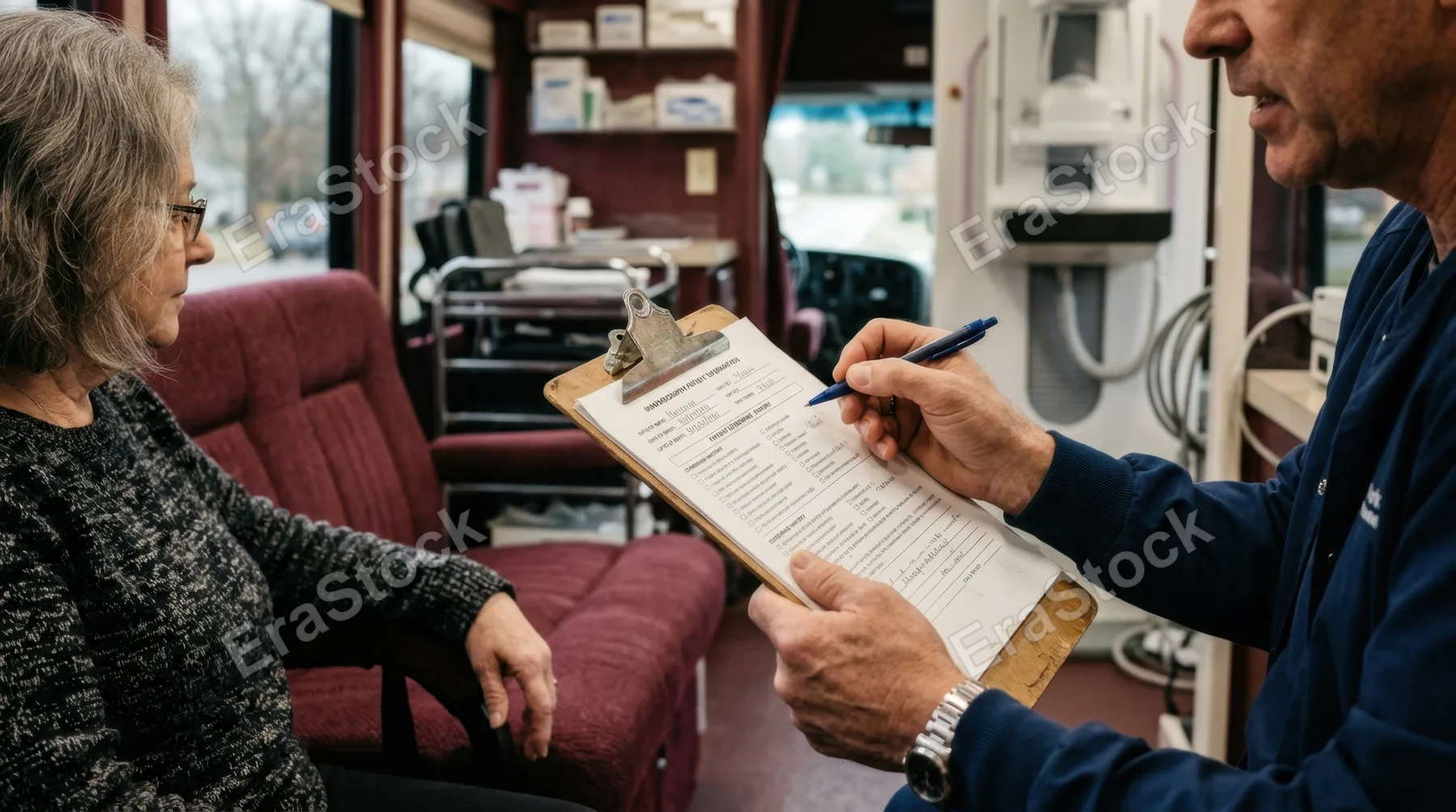a close-up shot of the mammography technologist's hands as he carefully holds a clipboard and pen, focused on assisting a patient in the mobile medical van. the rich