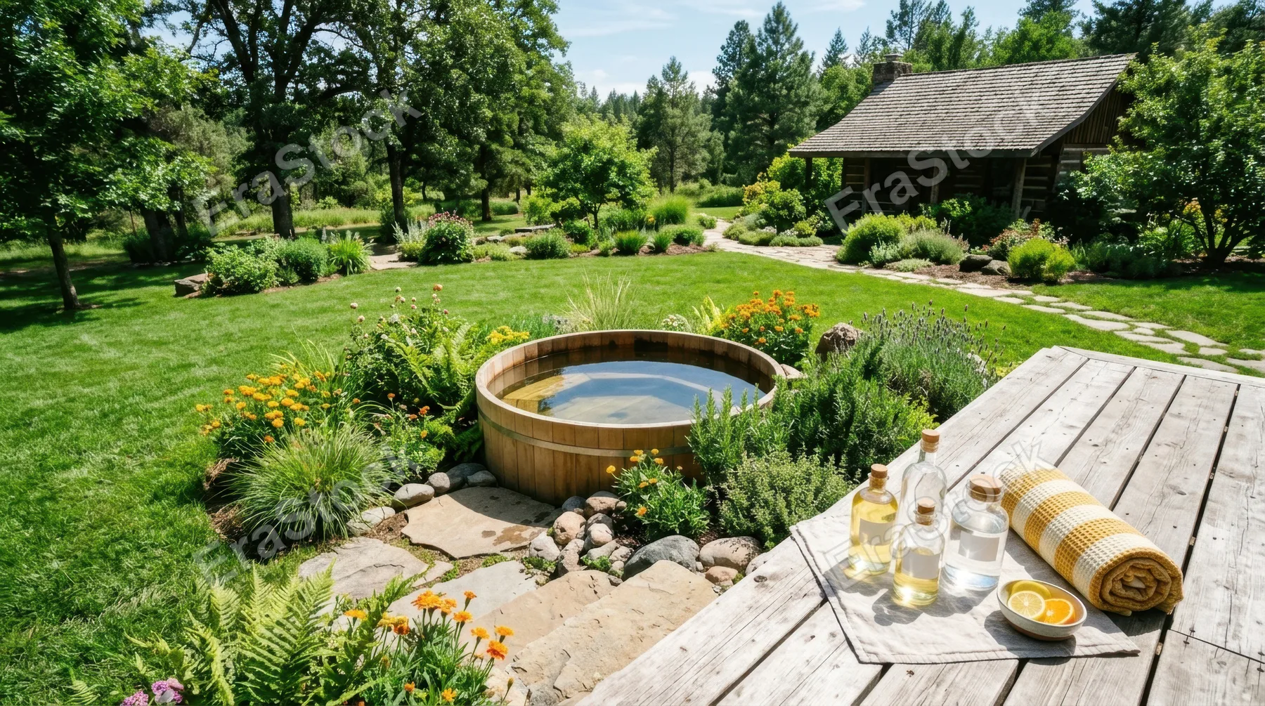 a high-angle shot captures an outdoor cold plunge tub nestled on a lush green lawn, showcasing the serene ambiance of a tranquil retreat. bright sunlight illuminates the