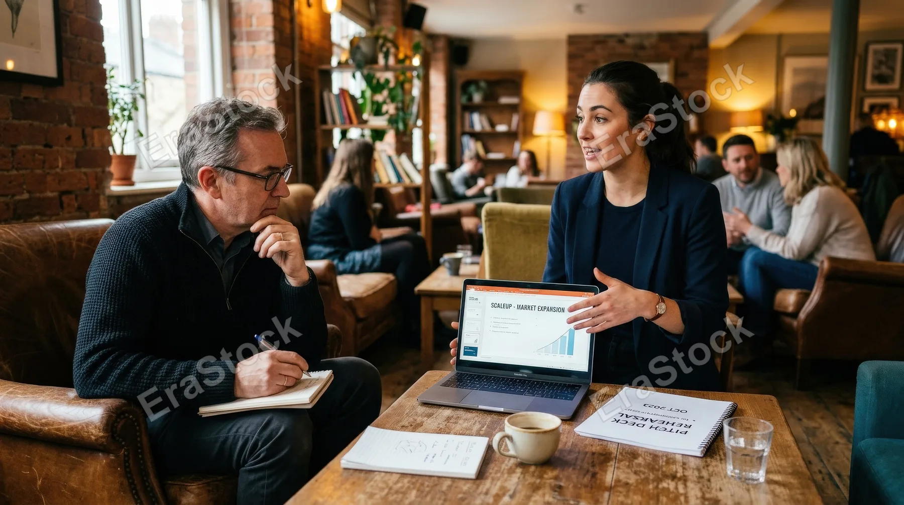 A startup pitch rehearsal in a cozy lounge, printed deck and laptop on the table, mentor nearby and focused entrepreneurial atmosphere, ultra-realistic, no logos.