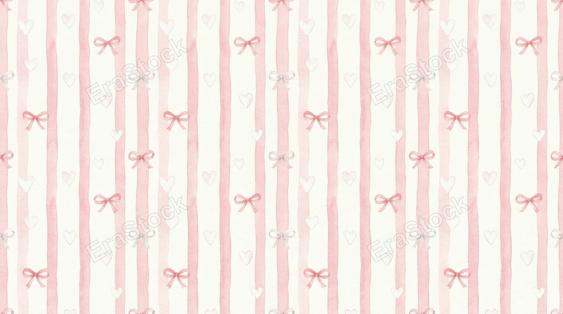 A simple sweet watercolor seamless pattern with pink vertical stripes, delicate white hearts and tiny bows, airy romantic texture for Valentine stationery, ultra-realistic, no logos.